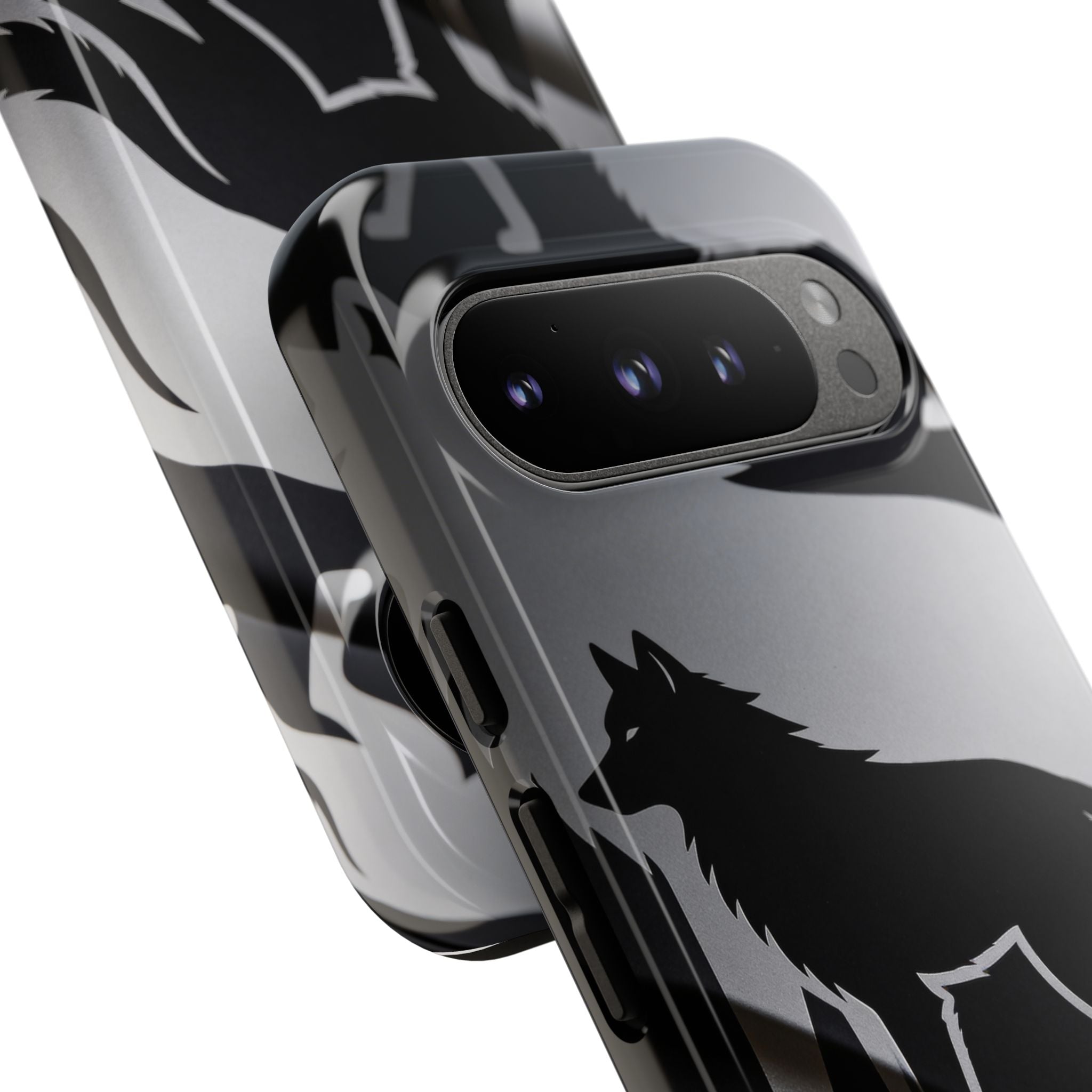 Wolf Silhouette Phone Case — Black & Gray Patterned Protective Case