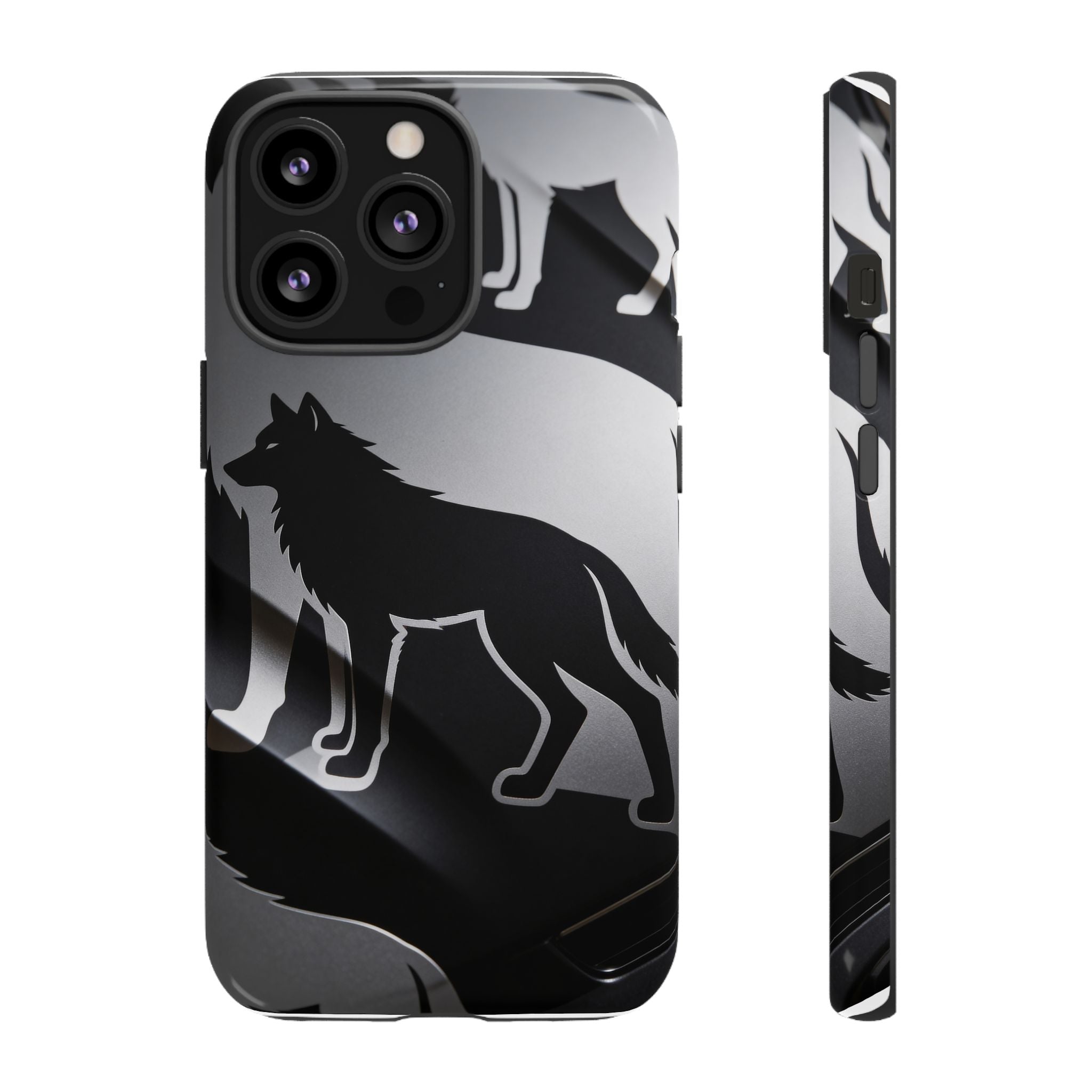 Wolf Silhouette Phone Case — Black & Gray Patterned Protective Case