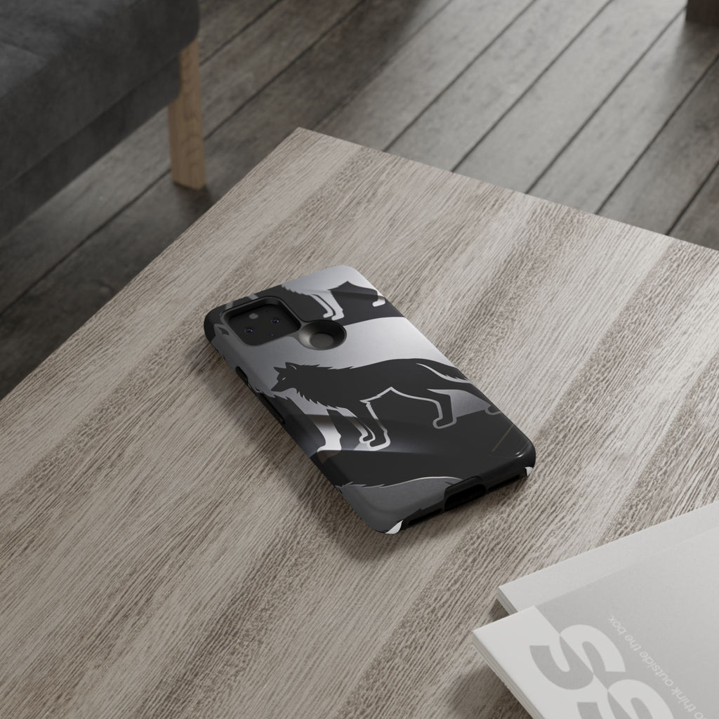 Wolf Silhouette Phone Case — Black & Gray Patterned Protective Case
