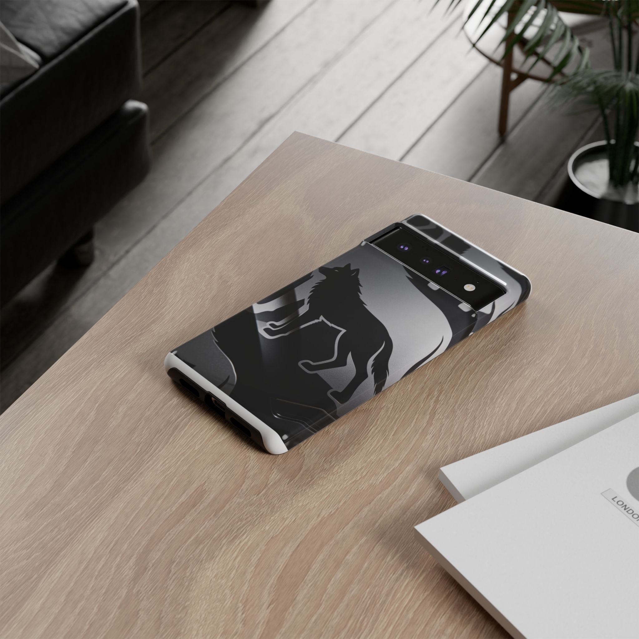 Wolf Silhouette Phone Case — Black & Gray Patterned Protective Case