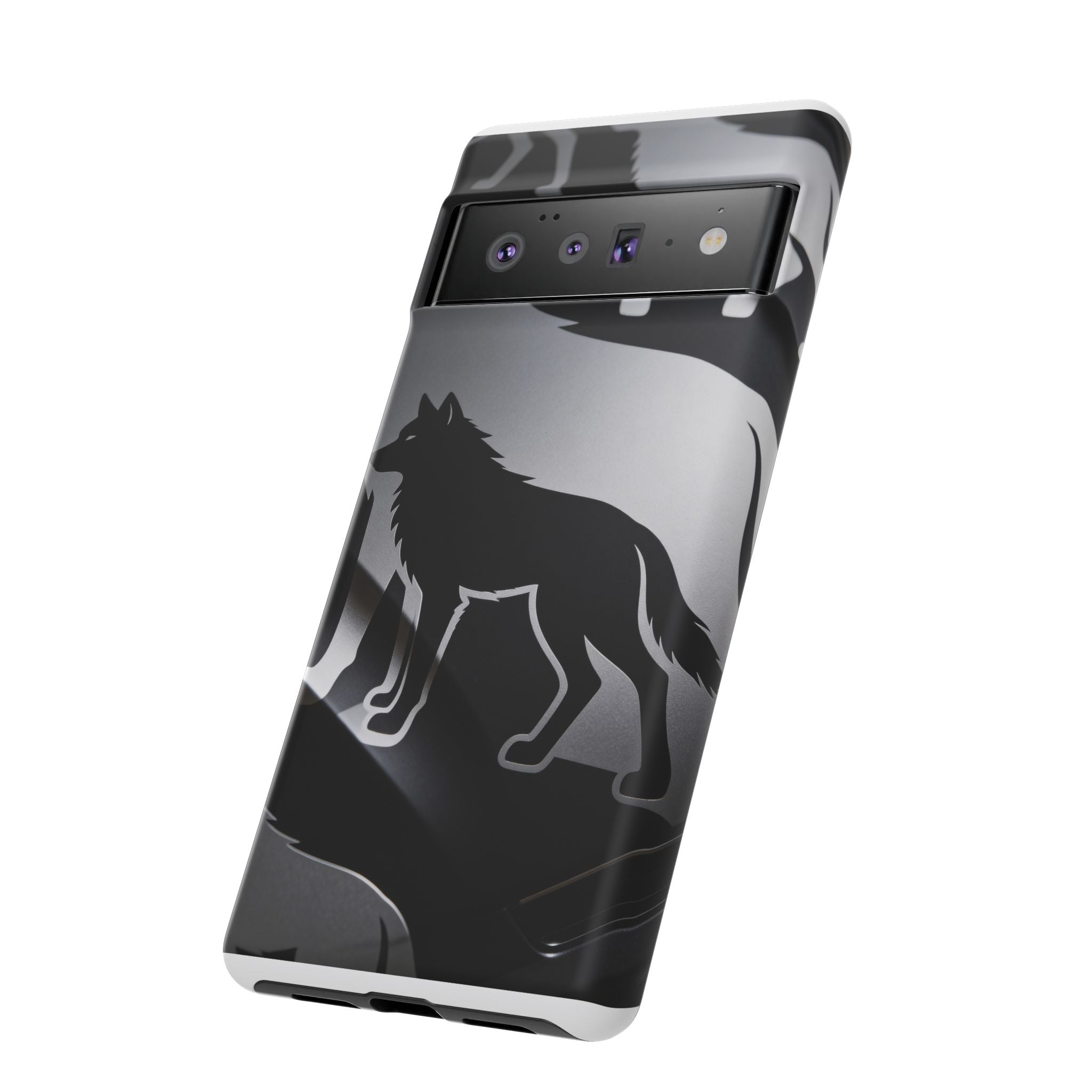 Wolf Silhouette Phone Case — Black & Gray Patterned Protective Case