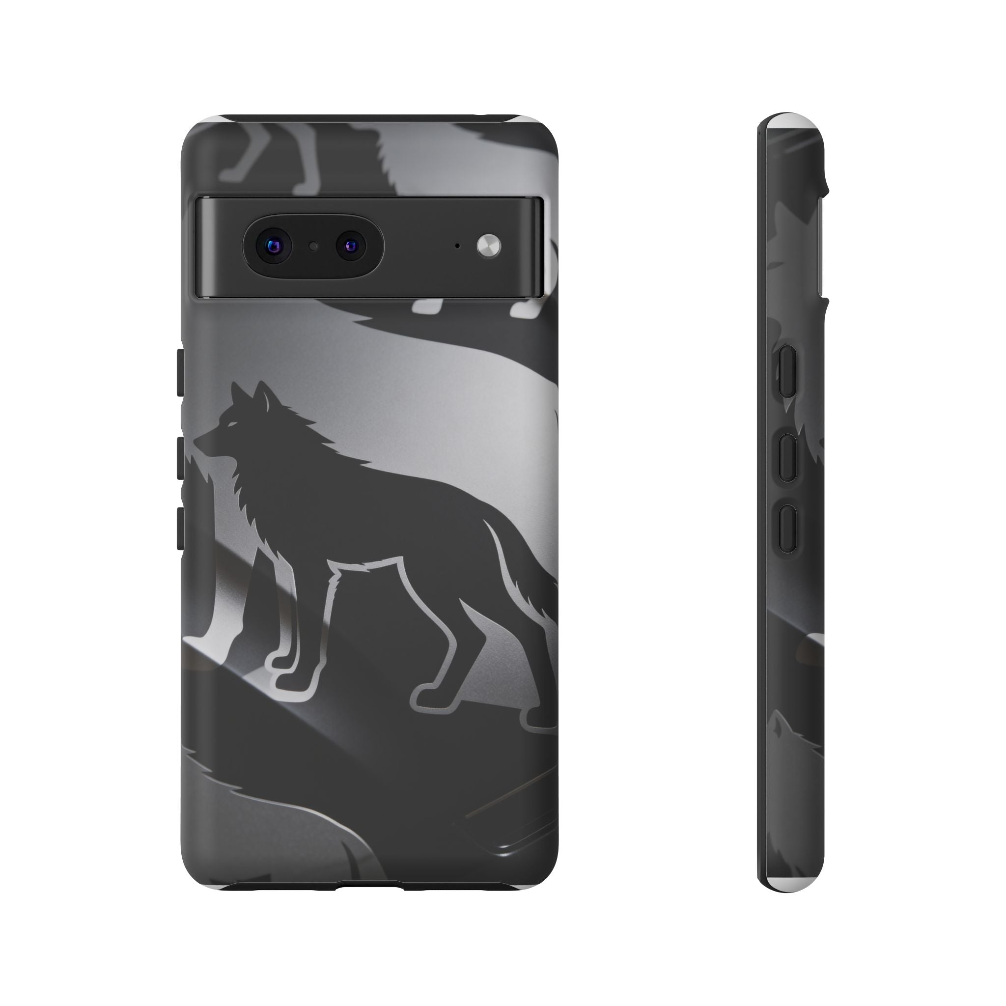 Wolf Silhouette Phone Case — Black & Gray Patterned Protective Case