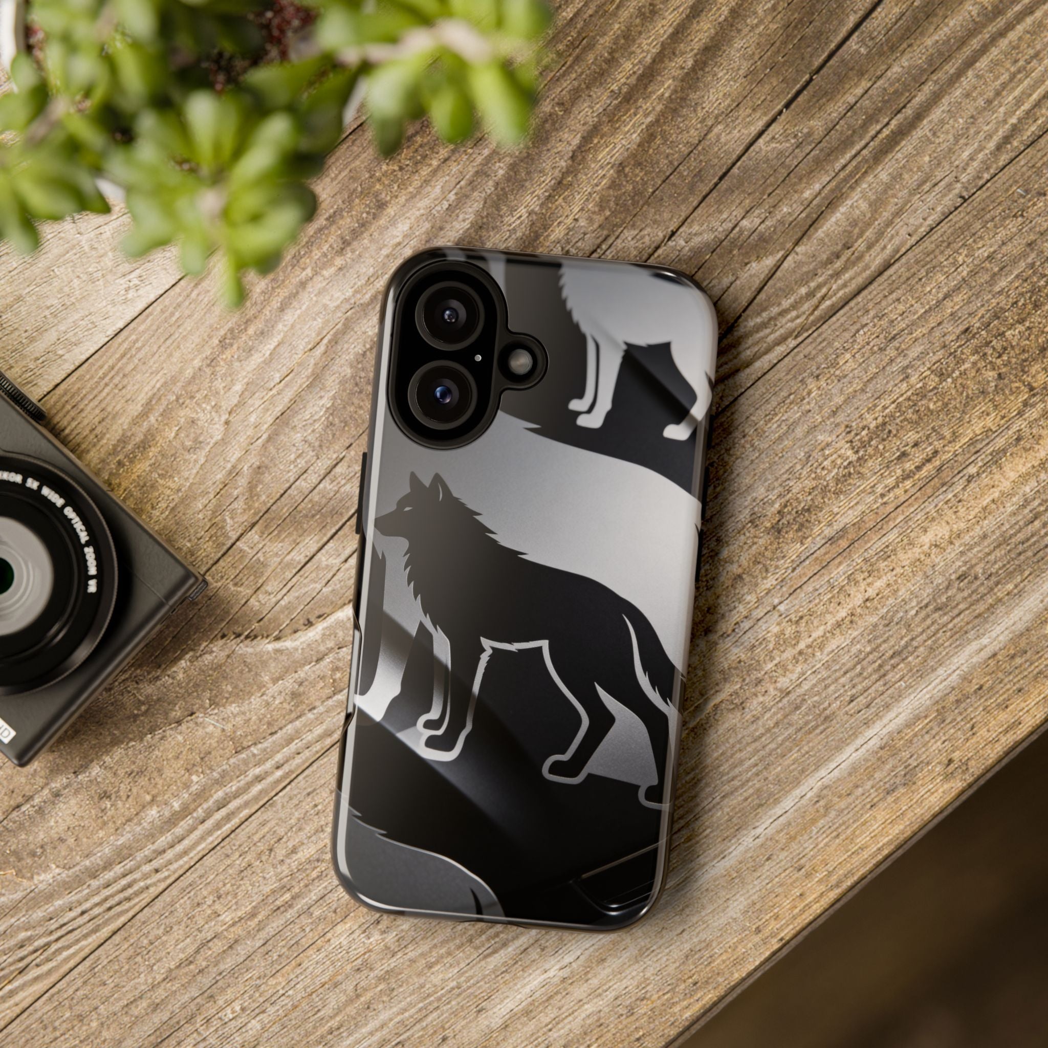 Wolf Silhouette Phone Case — Black & Gray Patterned Protective Case
