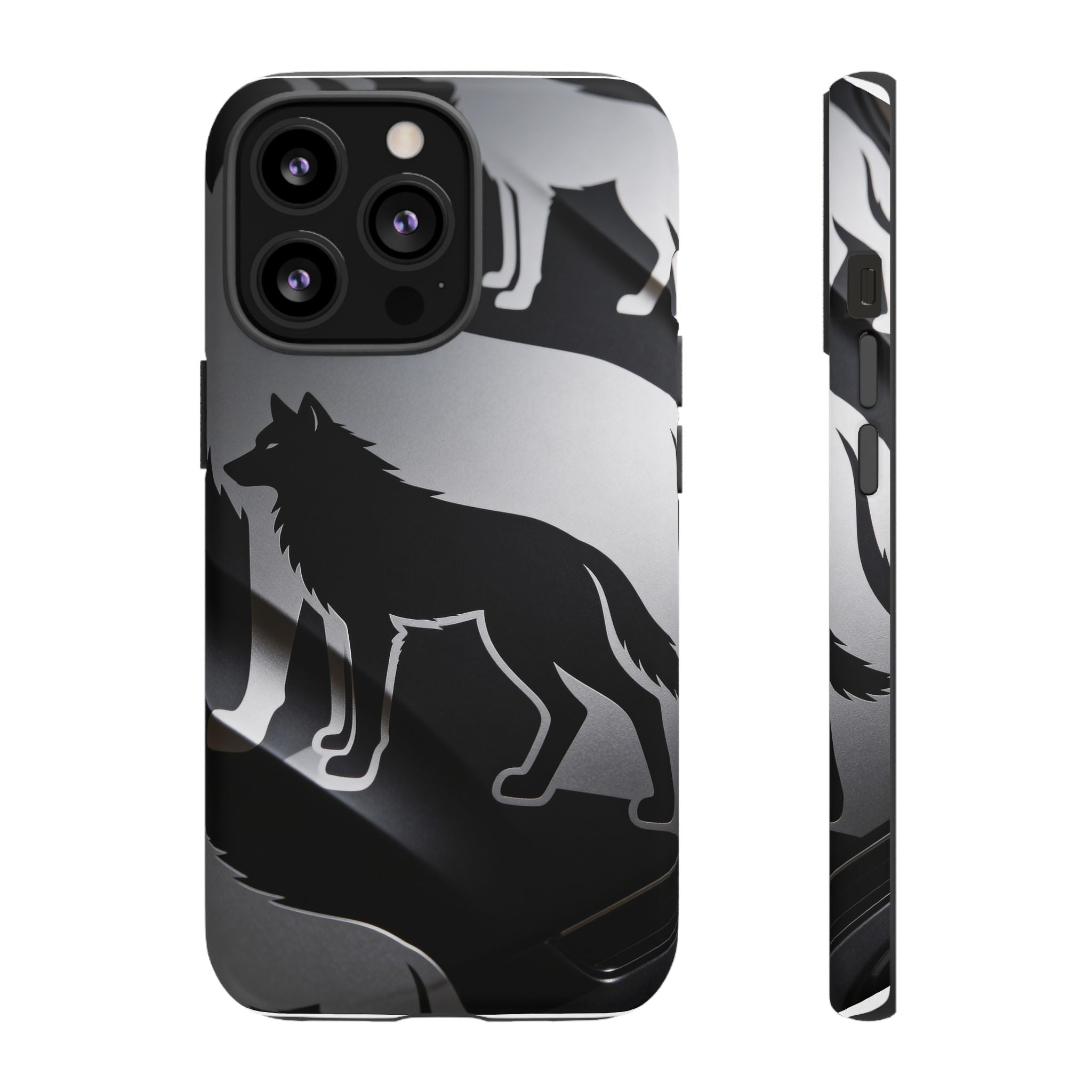 Wolf Silhouette Phone Case — Black & Gray Patterned Protective Case