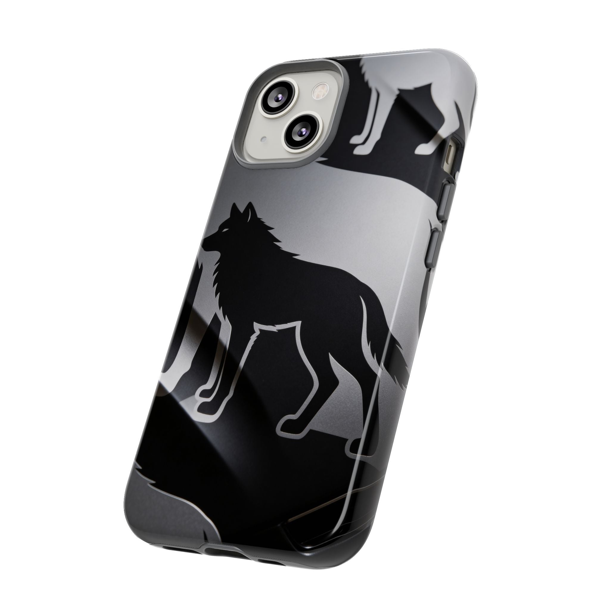 Wolf Silhouette Phone Case — Black & Gray Patterned Protective Case