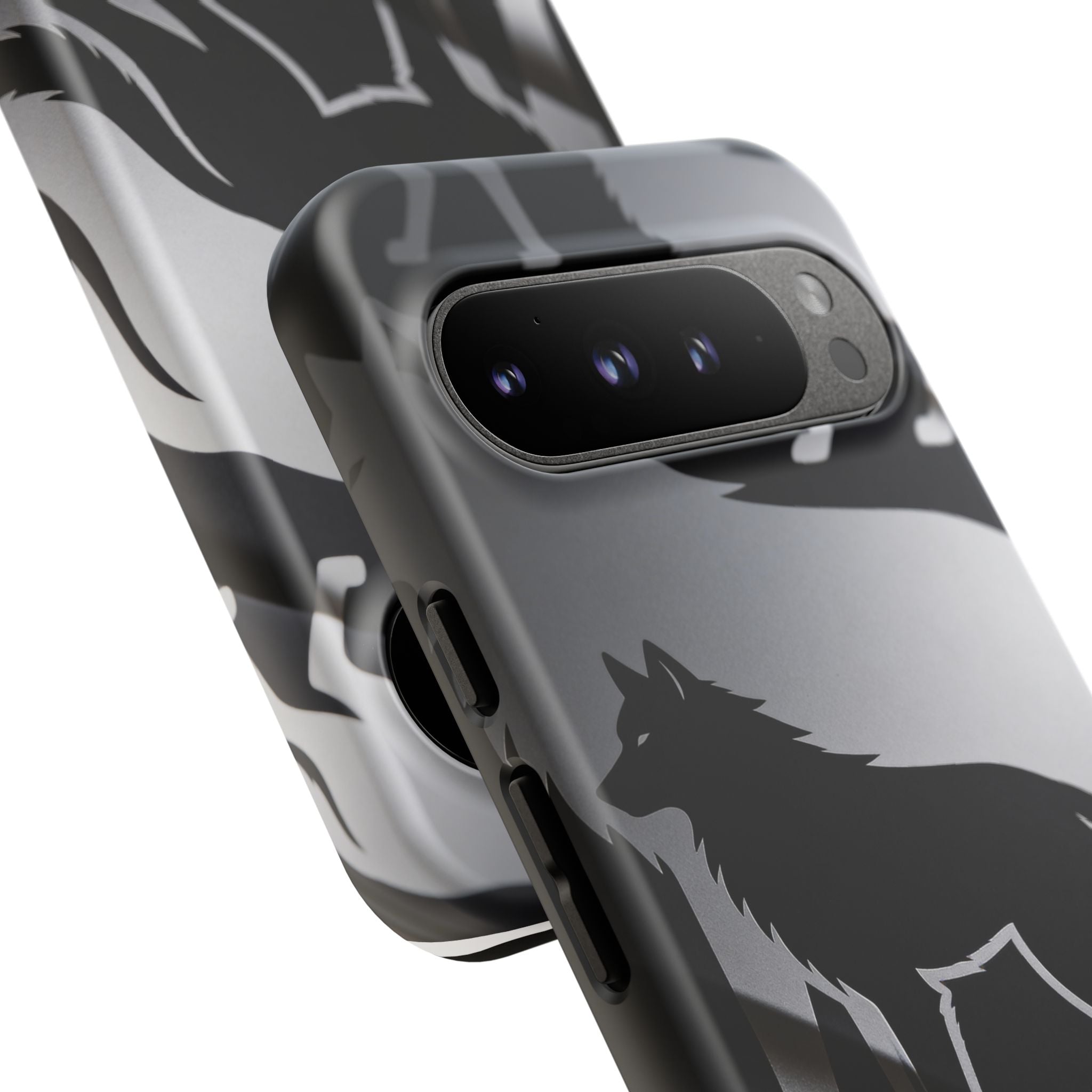 Wolf Silhouette Phone Case — Black & Gray Patterned Protective Case