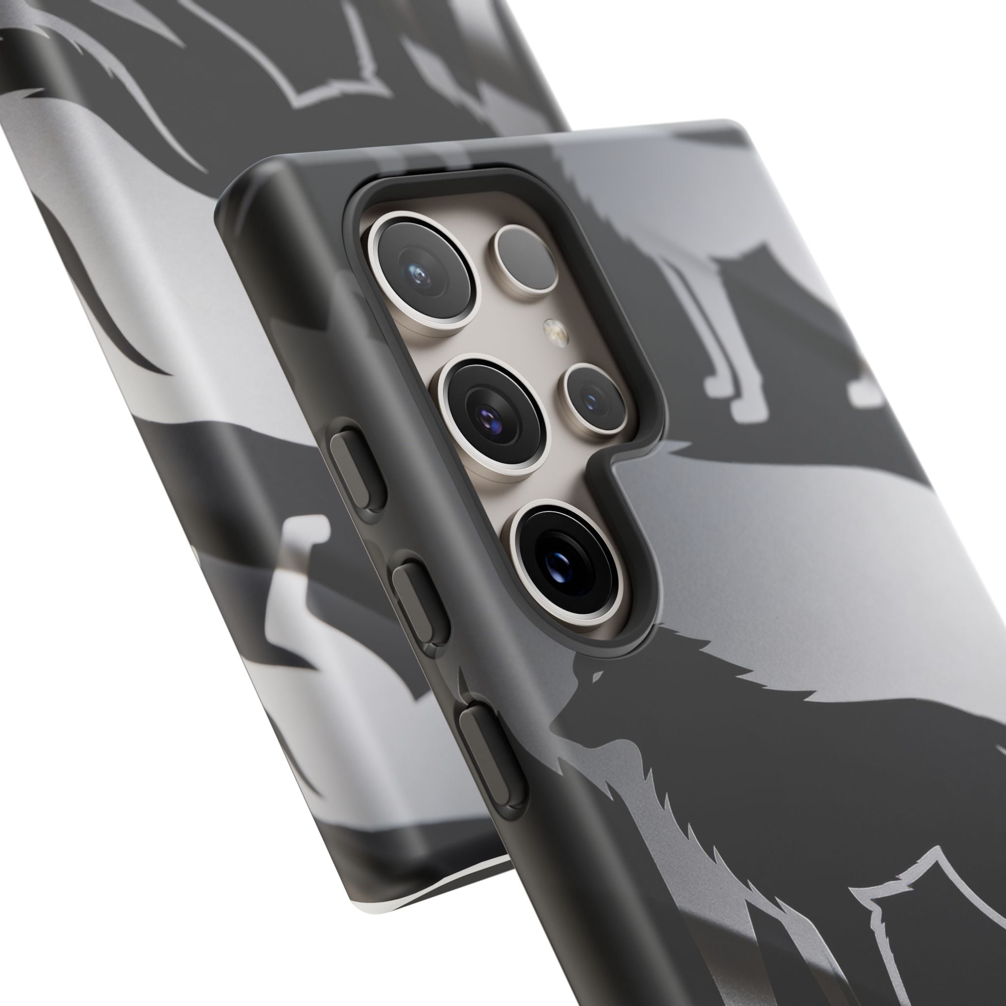Wolf Silhouette Phone Case — Black & Gray Patterned Protective Case
