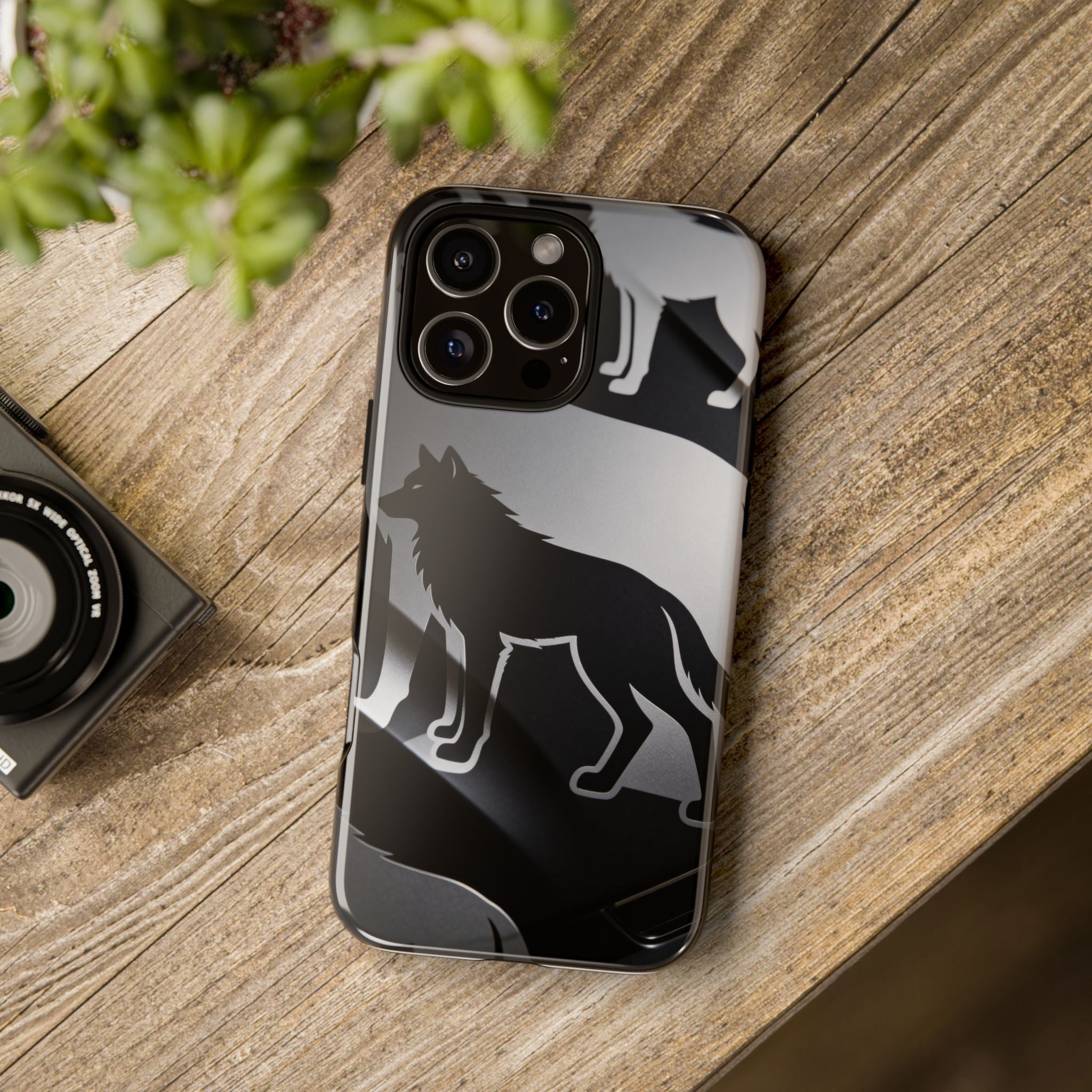 Wolf Silhouette Phone Case — Black & Gray Patterned Protective Case