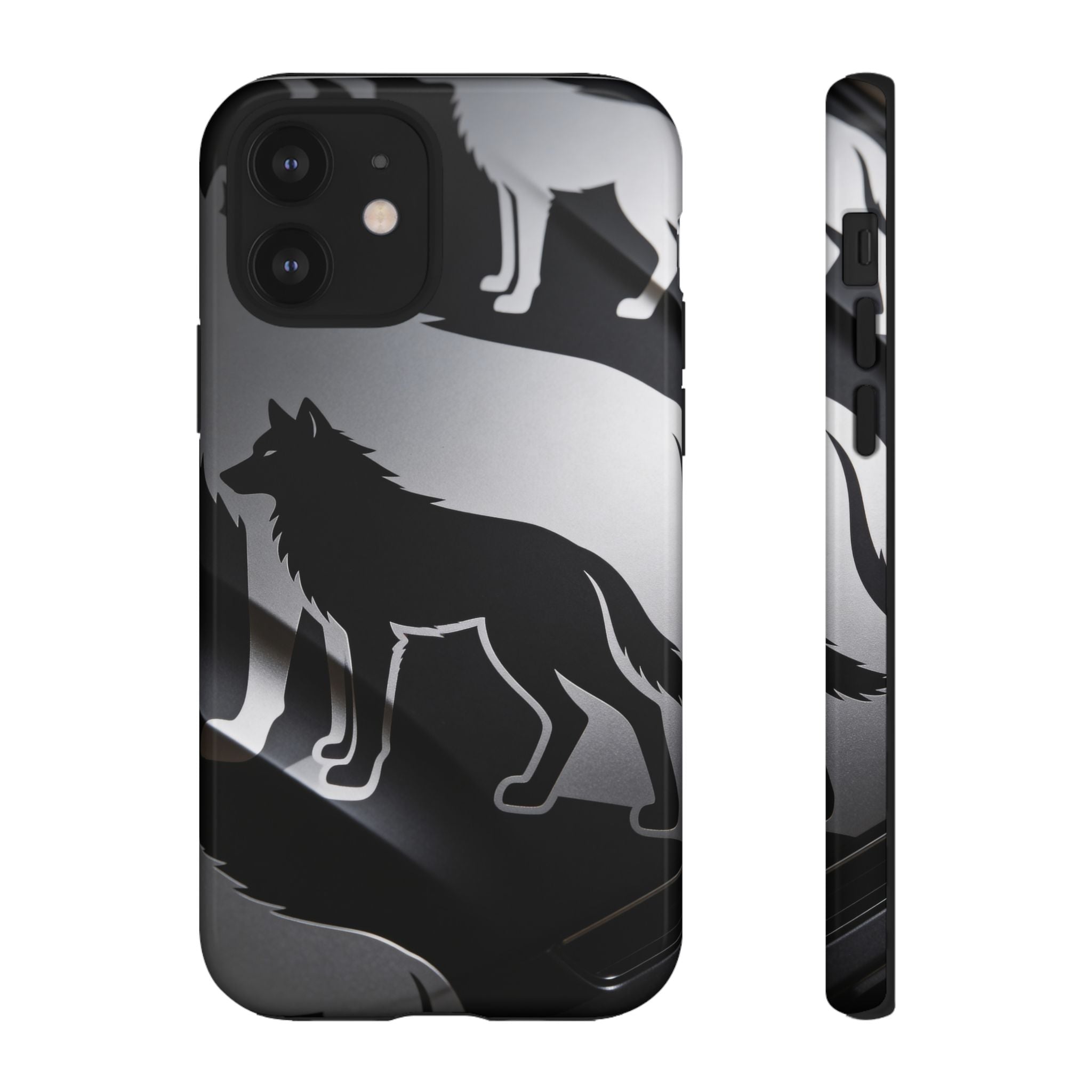 Wolf Silhouette Phone Case — Black & Gray Patterned Protective Case