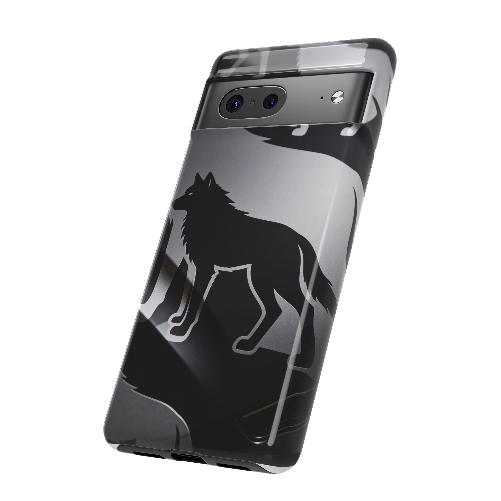 Wolf Silhouette Phone Case — Black & Gray Patterned Protective Case