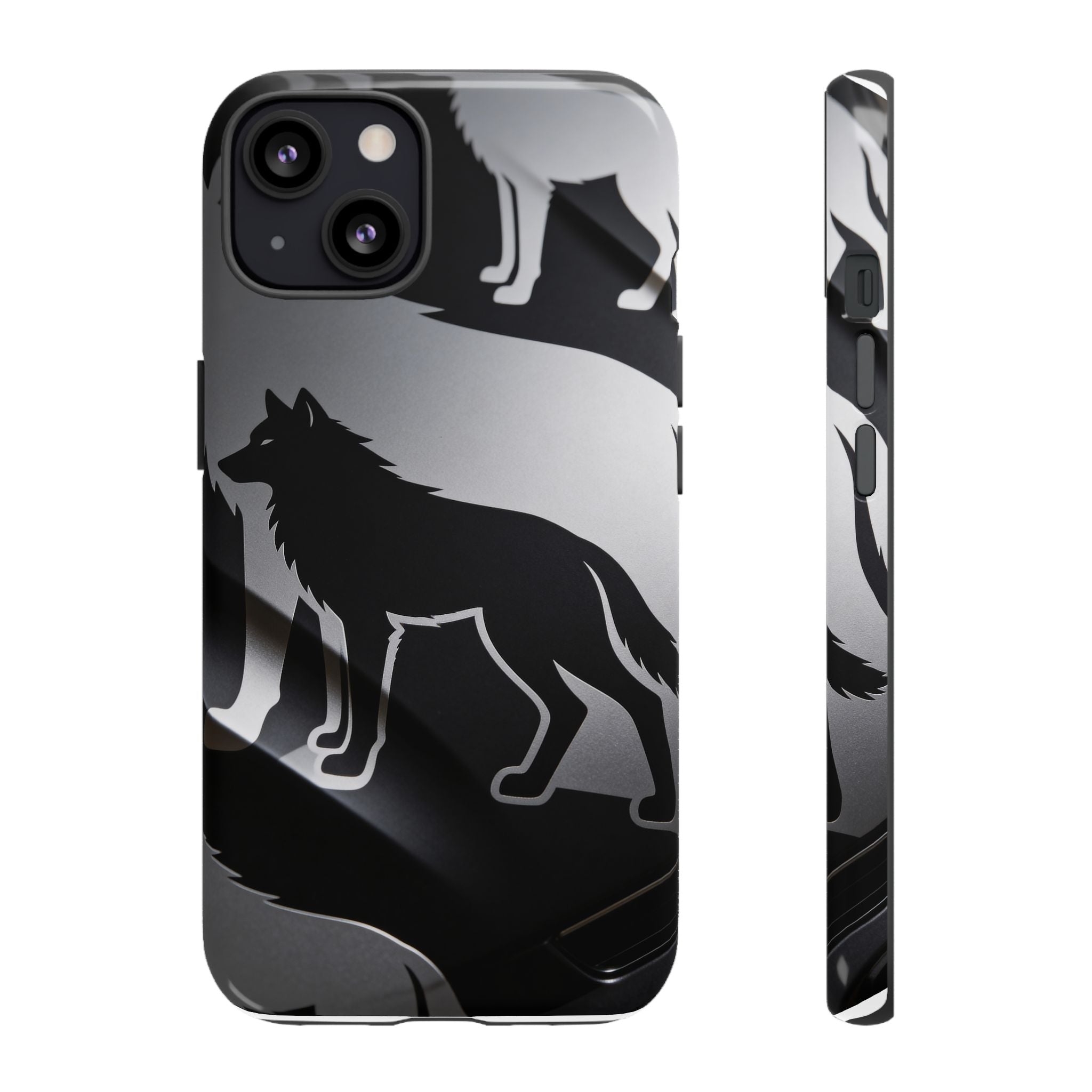 Wolf Silhouette Phone Case — Black & Gray Patterned Protective Case