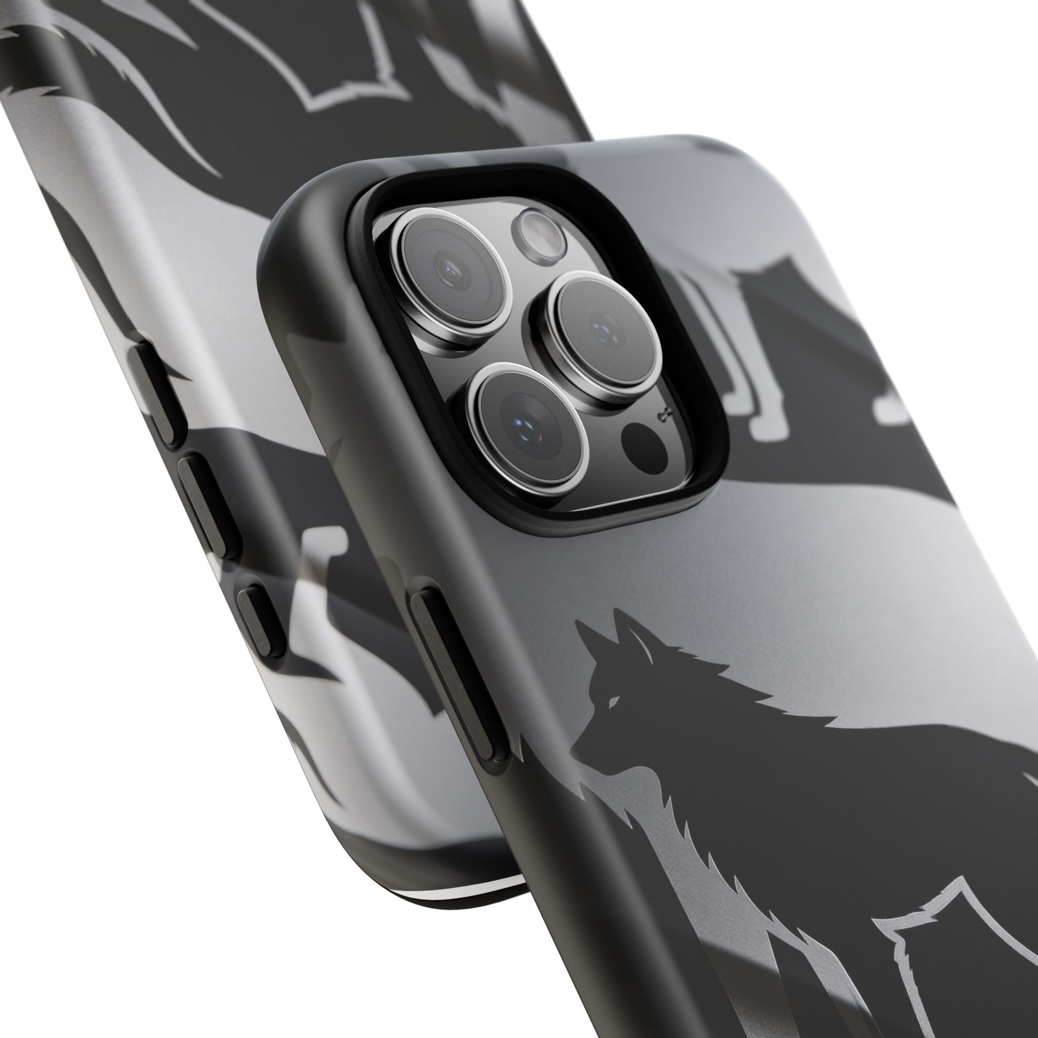 Wolf Silhouette Phone Case — Black & Gray Patterned Protective Case