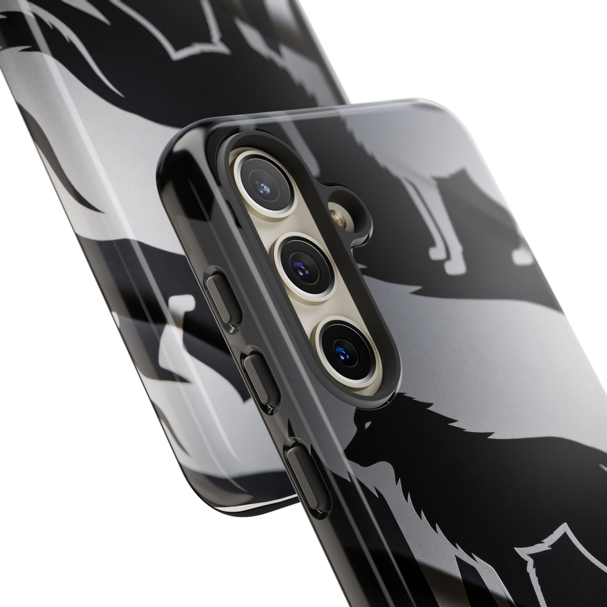 Wolf Silhouette Phone Case — Black & Gray Patterned Protective Case