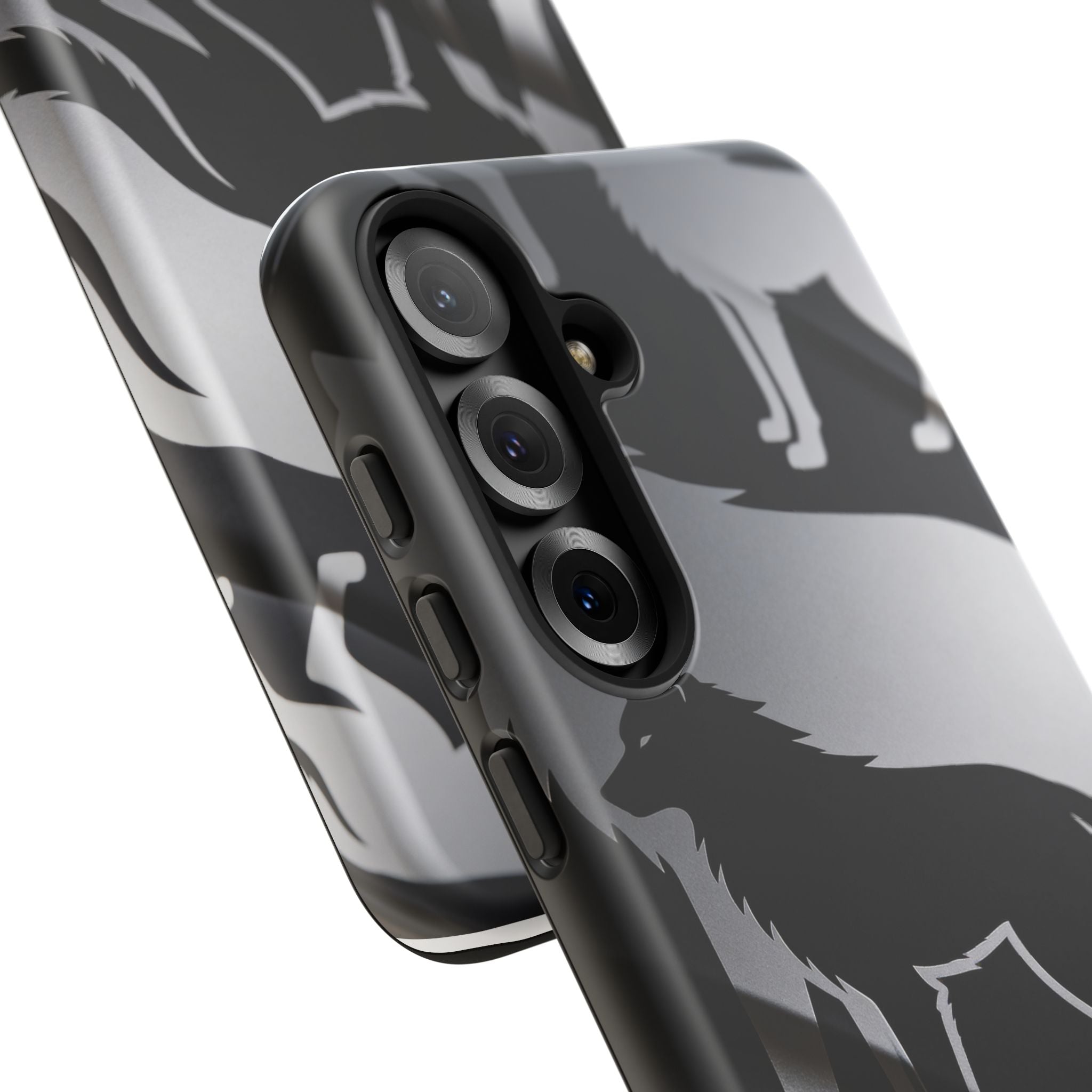 Wolf Silhouette Phone Case — Black & Gray Patterned Protective Case