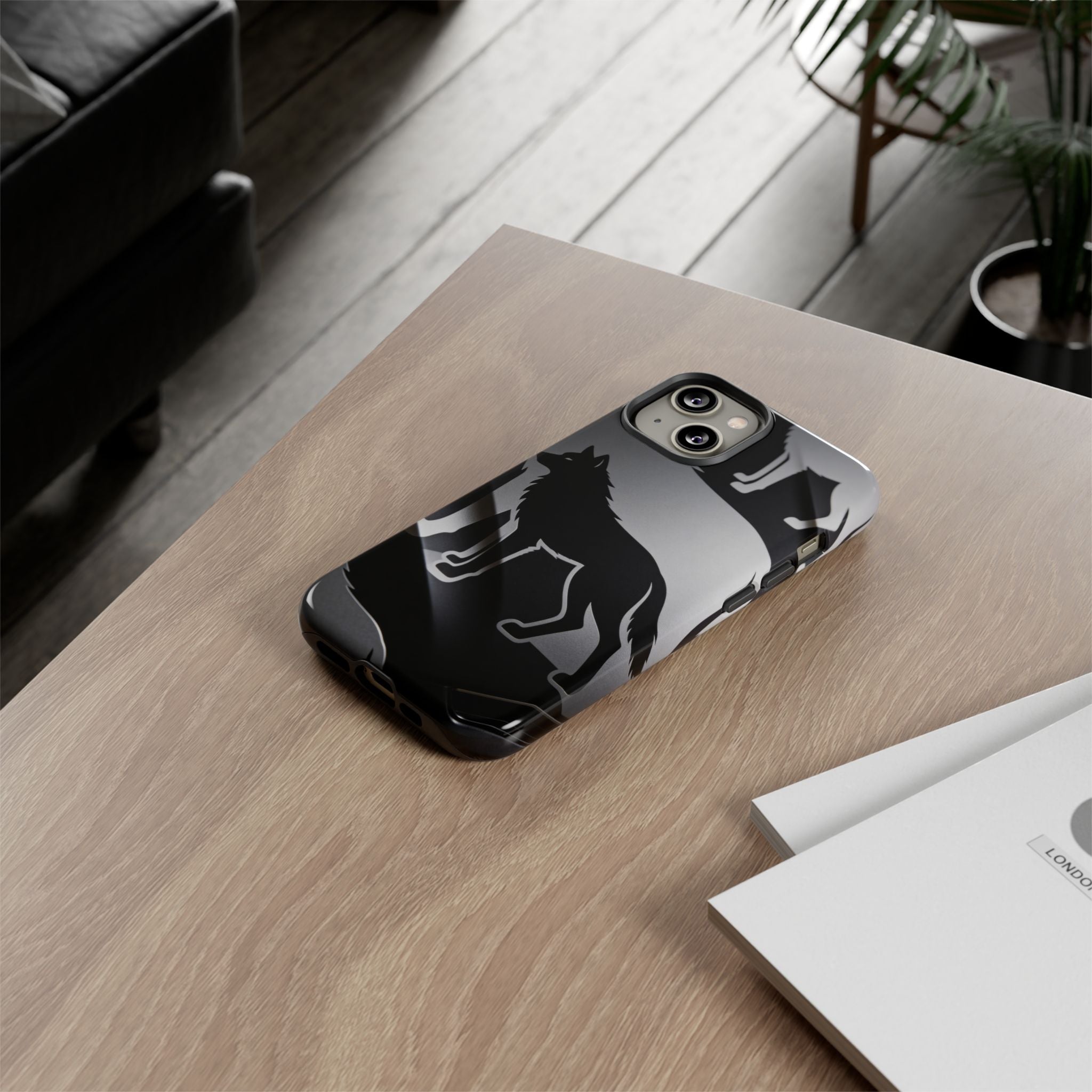Wolf Silhouette Phone Case — Black & Gray Patterned Protective Case