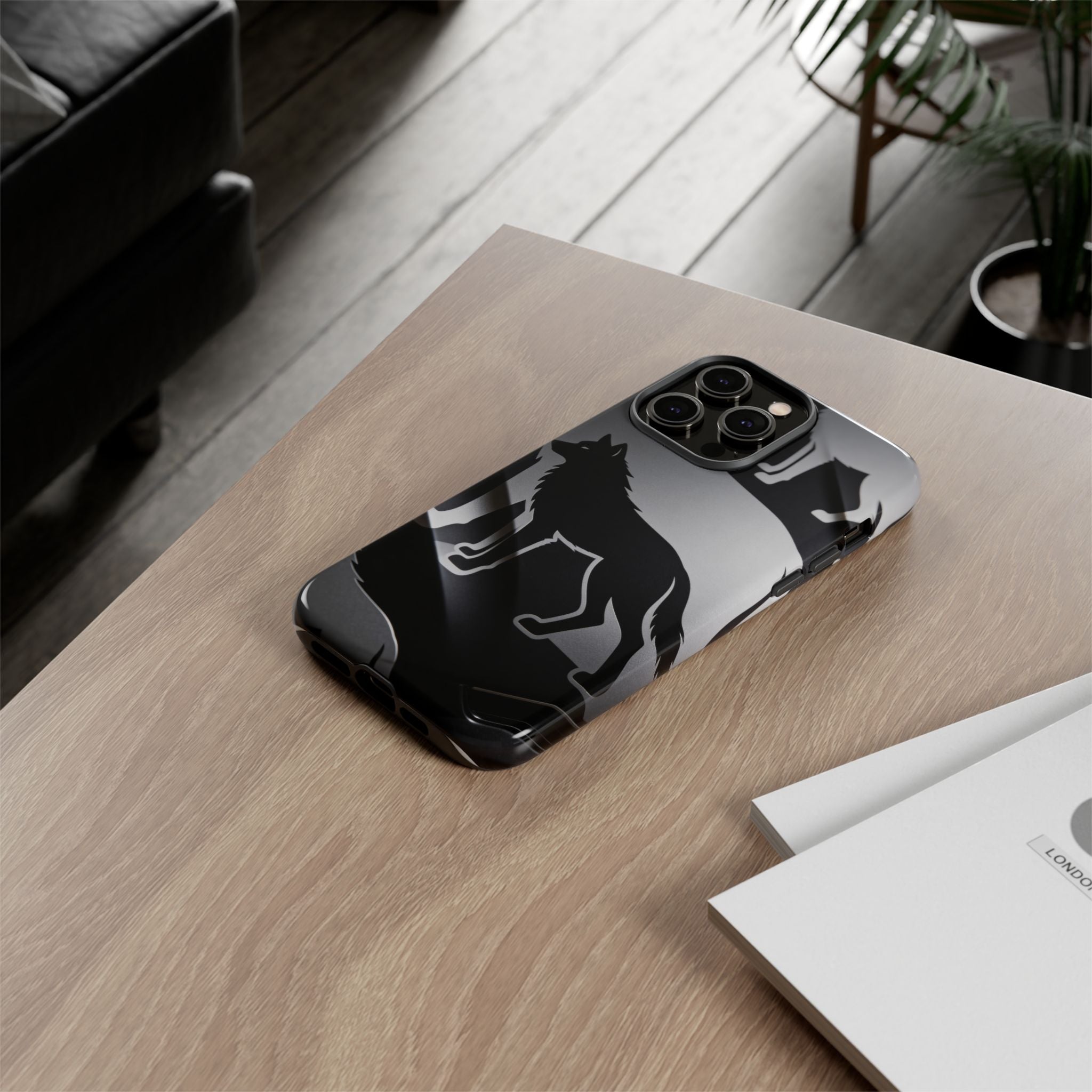 Wolf Silhouette Phone Case — Black & Gray Patterned Protective Case