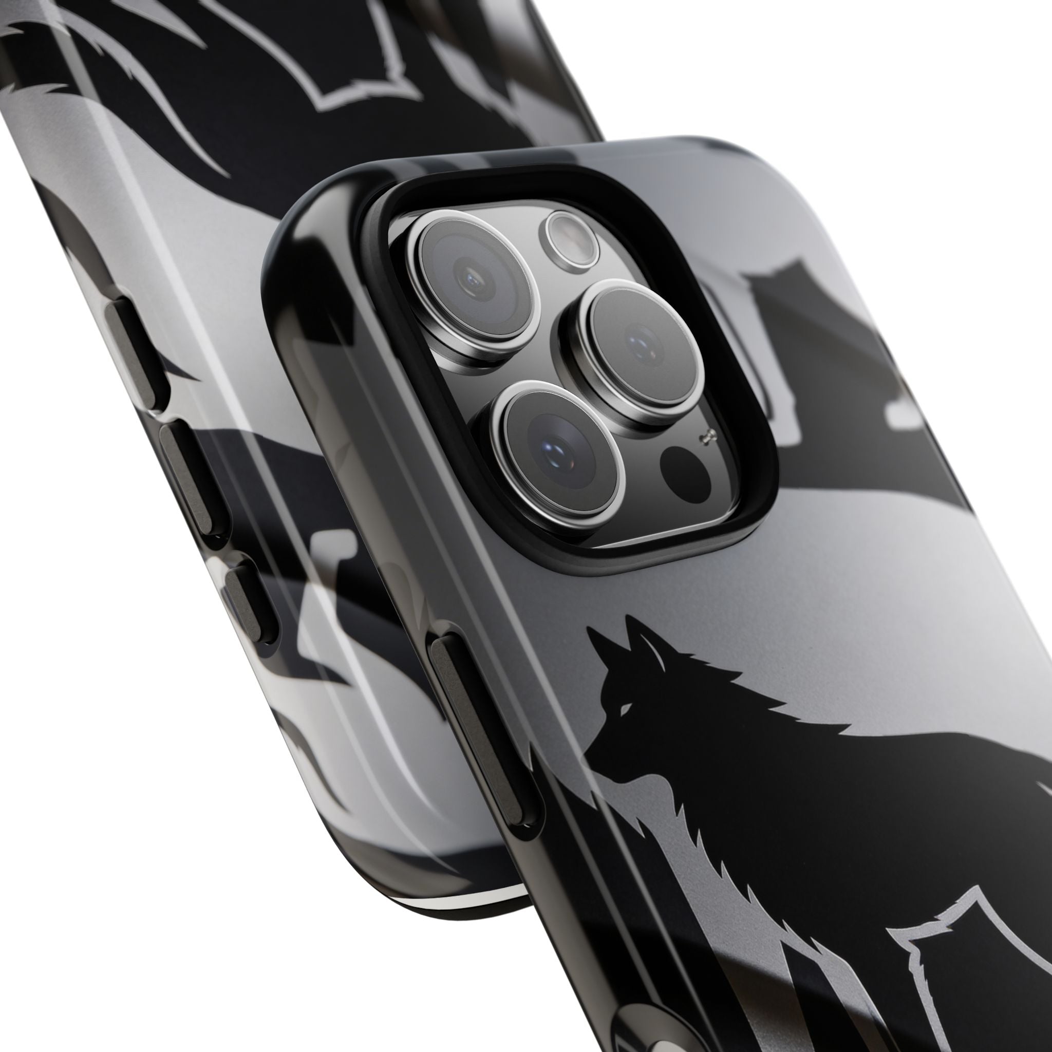 Wolf Silhouette Phone Case — Black & Gray Patterned Protective Case