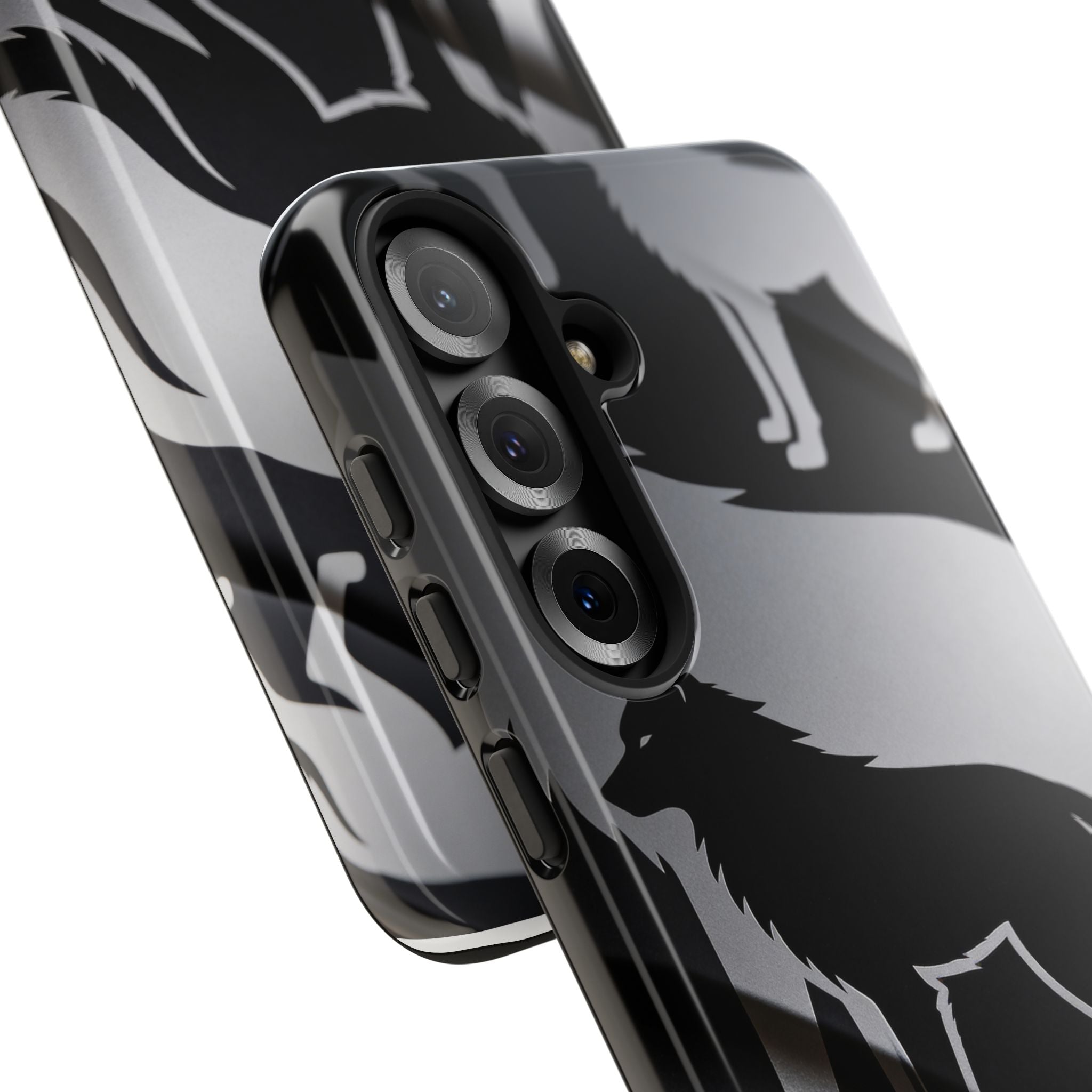 Wolf Silhouette Phone Case — Black & Gray Patterned Protective Case