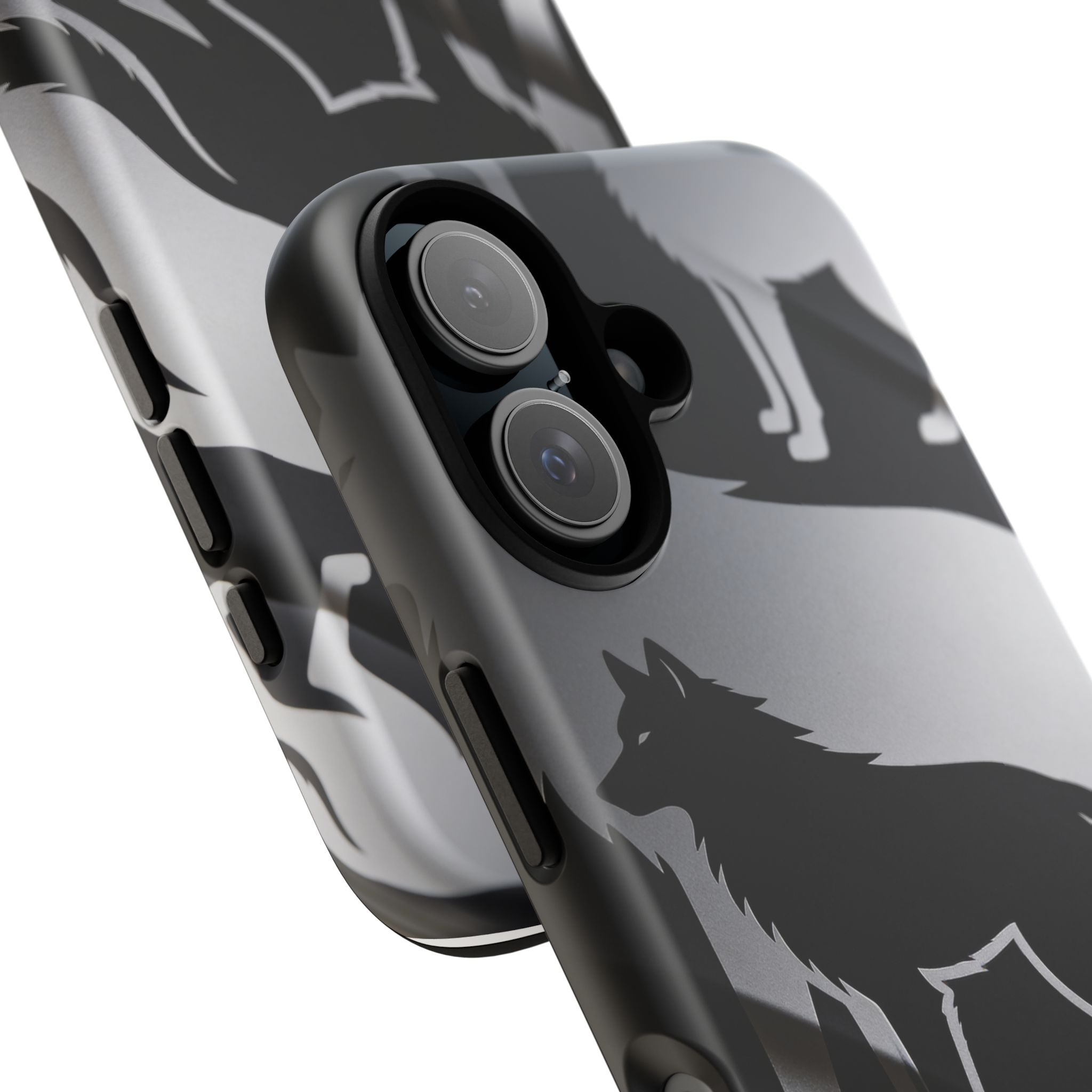 Wolf Silhouette Phone Case — Black & Gray Patterned Protective Case
