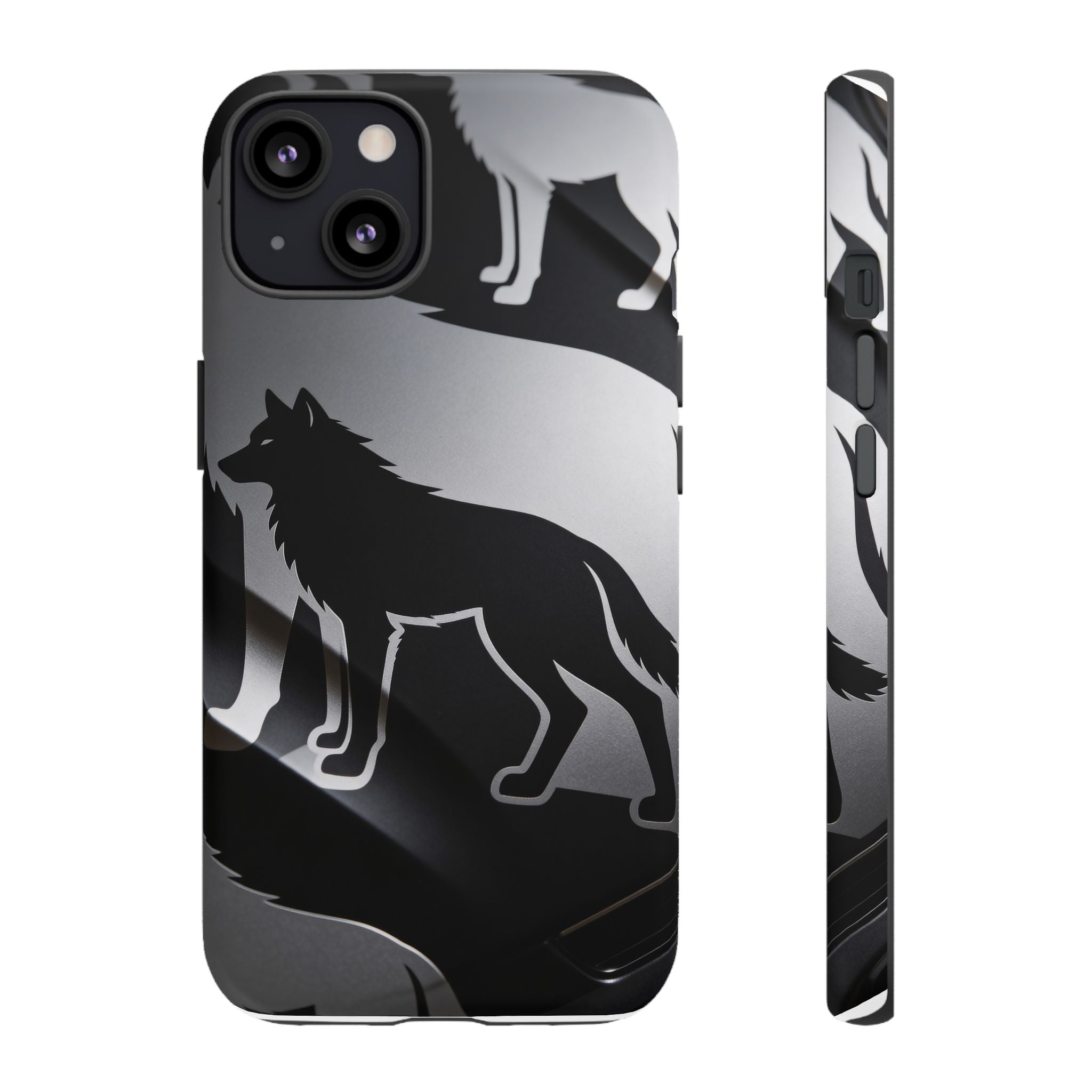 Wolf Silhouette Phone Case — Black & Gray Patterned Protective Case