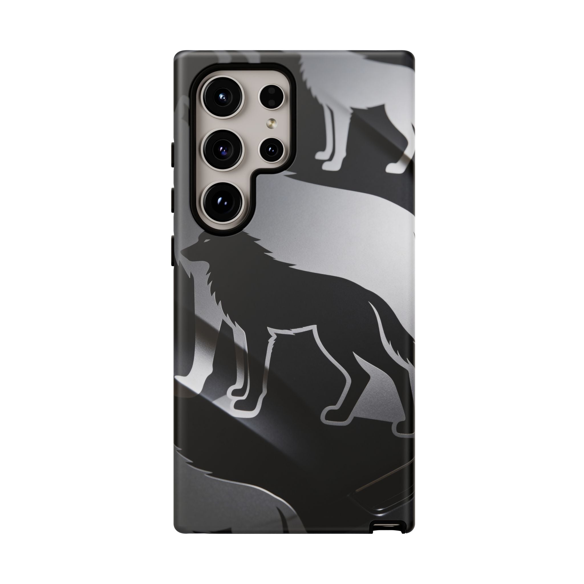 Wolf Silhouette Phone Case — Black & Gray Patterned Protective Case