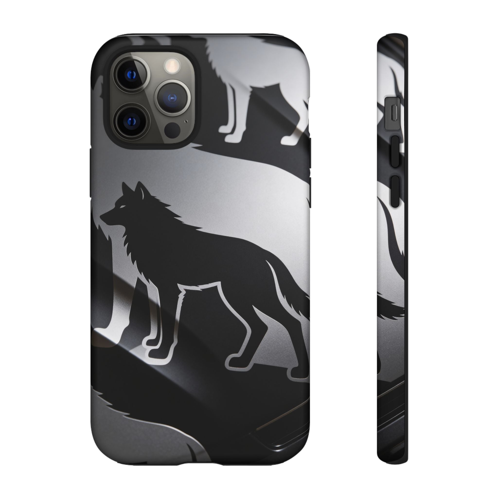 Wolf Silhouette Phone Case — Black & Gray Patterned Protective Case