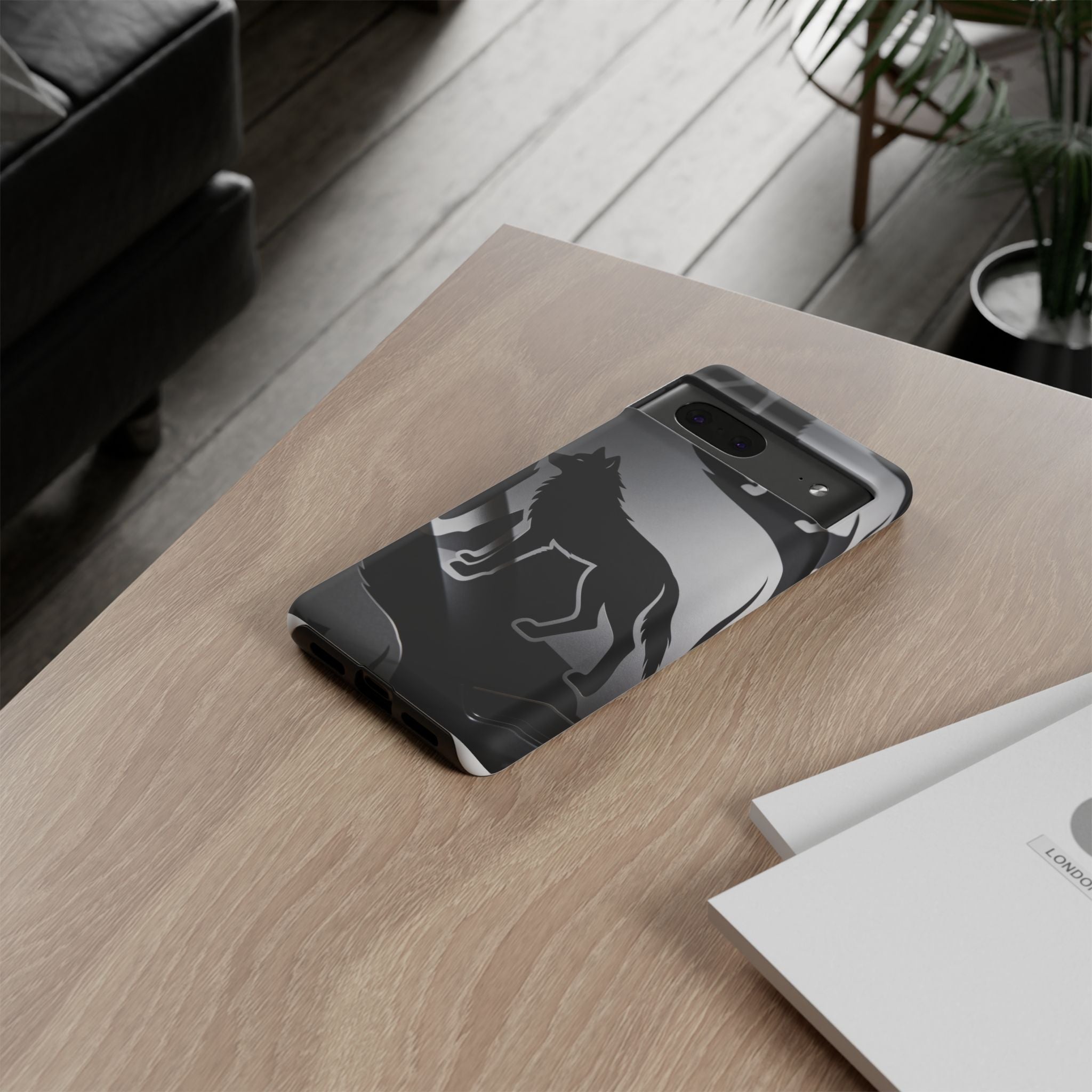 Wolf Silhouette Phone Case — Black & Gray Patterned Protective Case