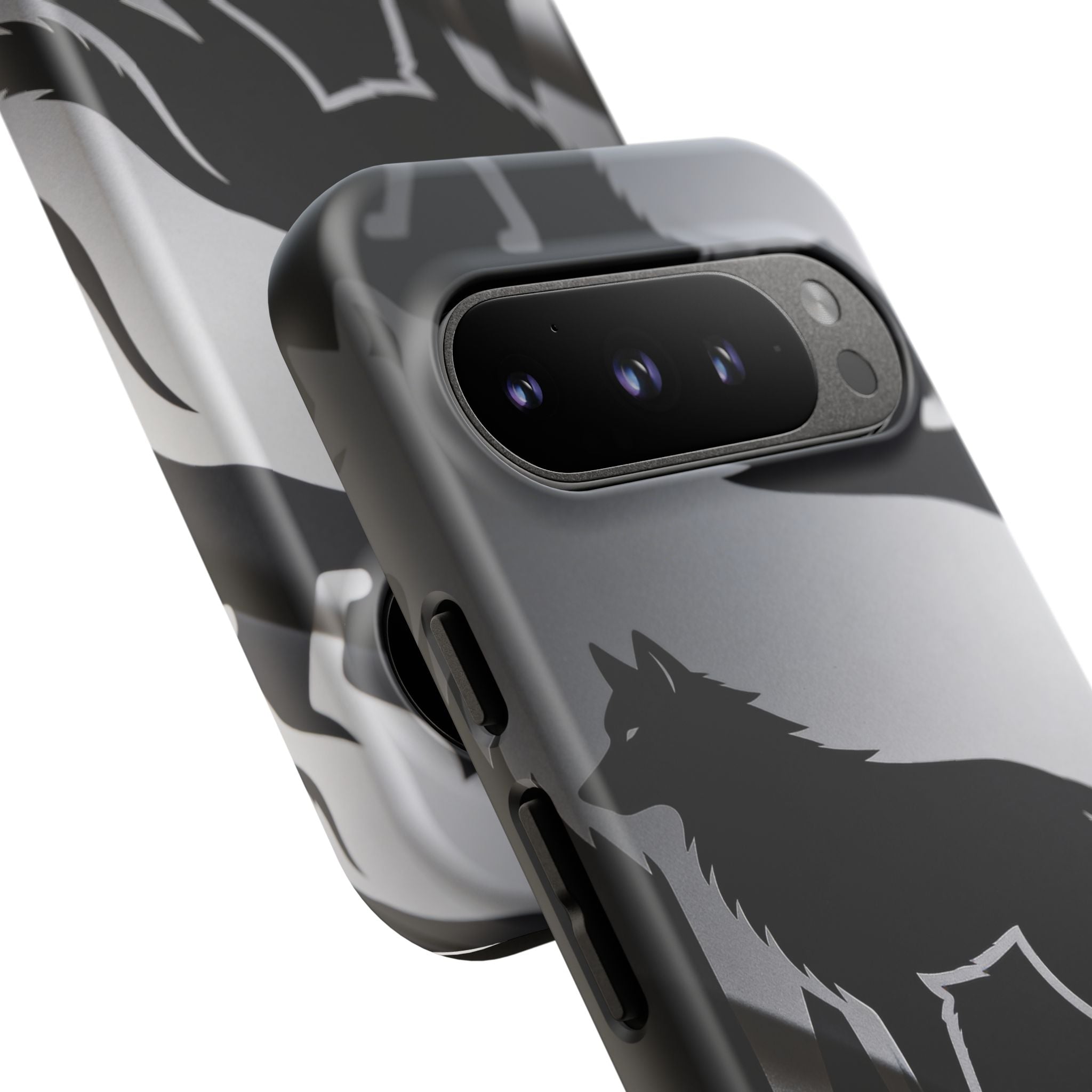 Wolf Silhouette Phone Case — Black & Gray Patterned Protective Case