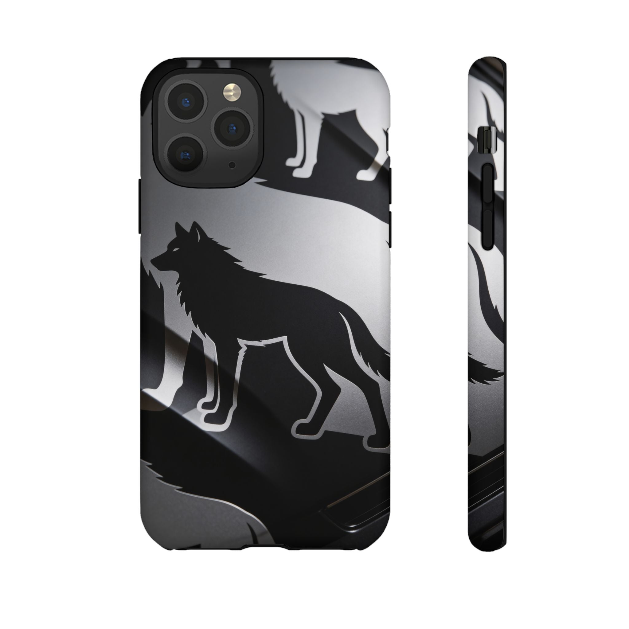 Wolf Silhouette Phone Case — Black & Gray Patterned Protective Case