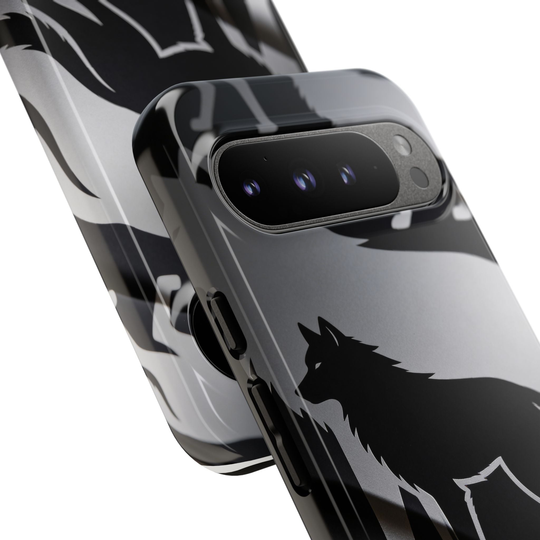 Wolf Silhouette Phone Case — Black & Gray Patterned Protective Case