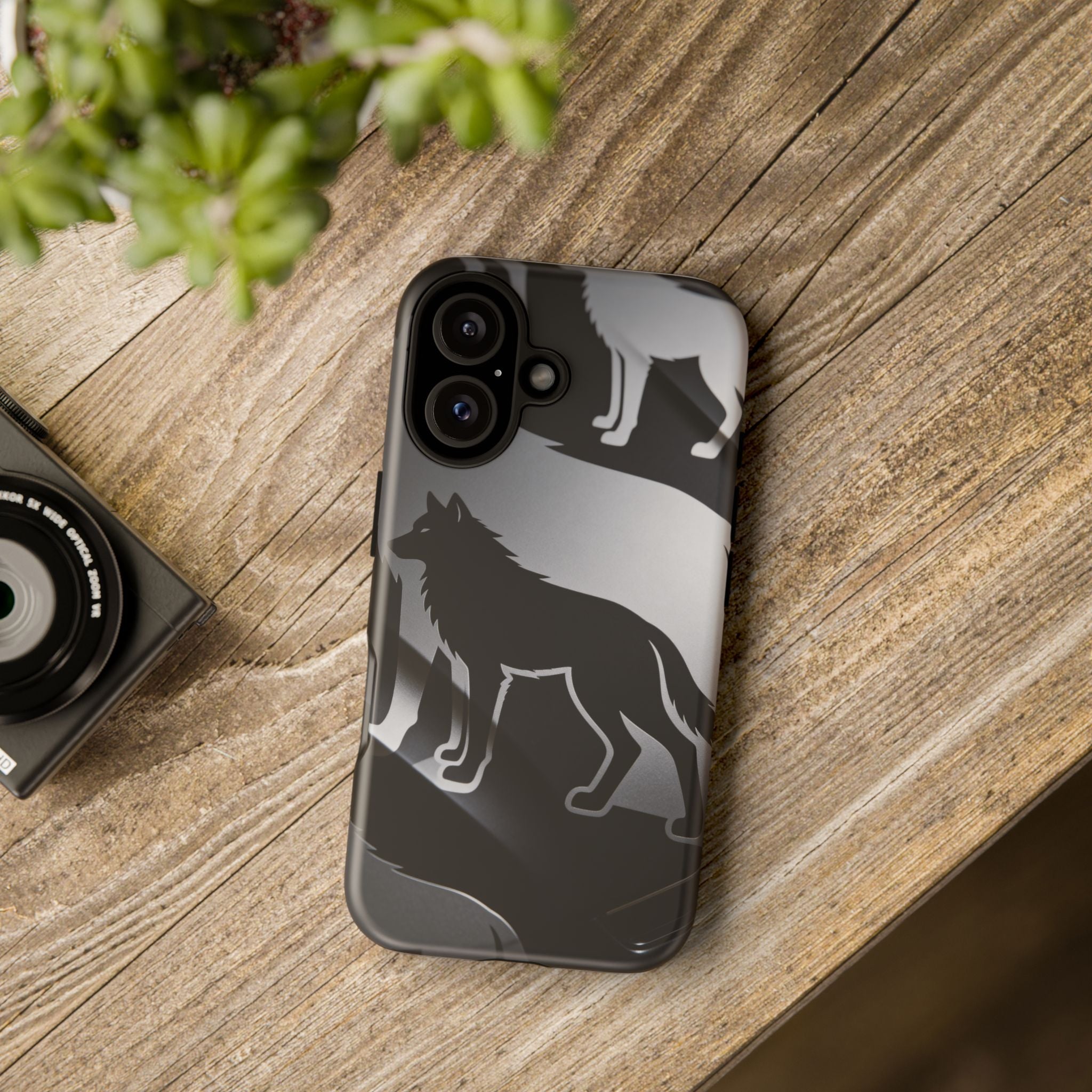 Wolf Silhouette Phone Case — Black & Gray Patterned Protective Case
