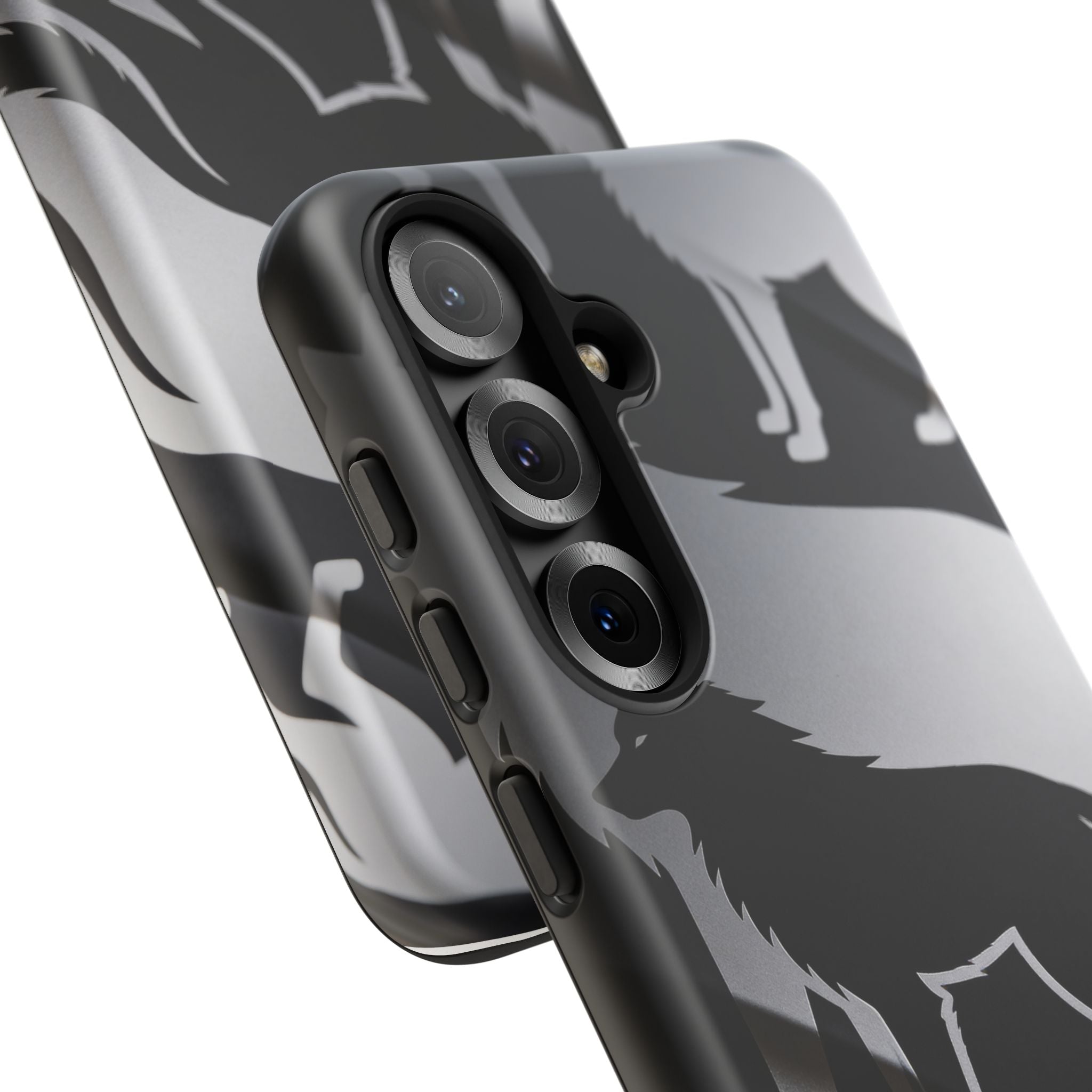 Wolf Silhouette Phone Case — Black & Gray Patterned Protective Case