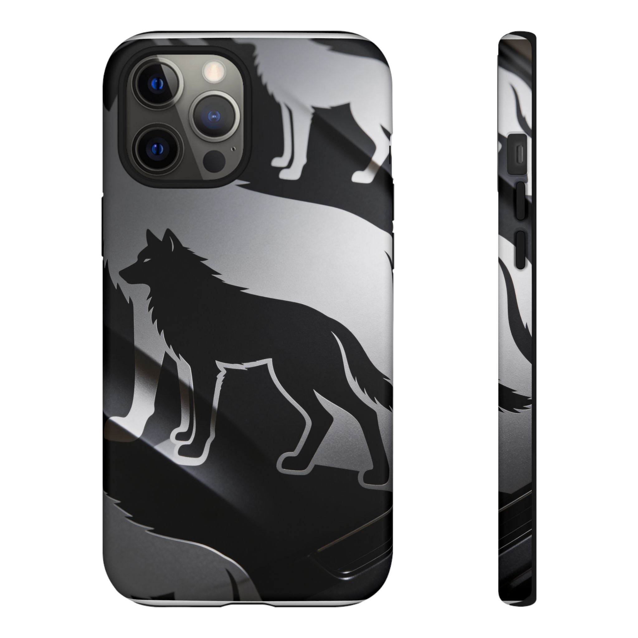 Wolf Silhouette Phone Case — Black & Gray Patterned Protective Case