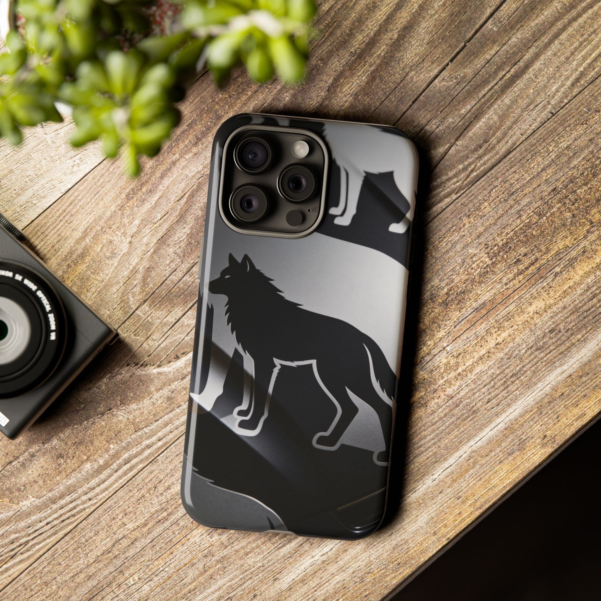 Wolf Silhouette Phone Case — Black & Gray Patterned Protective Case