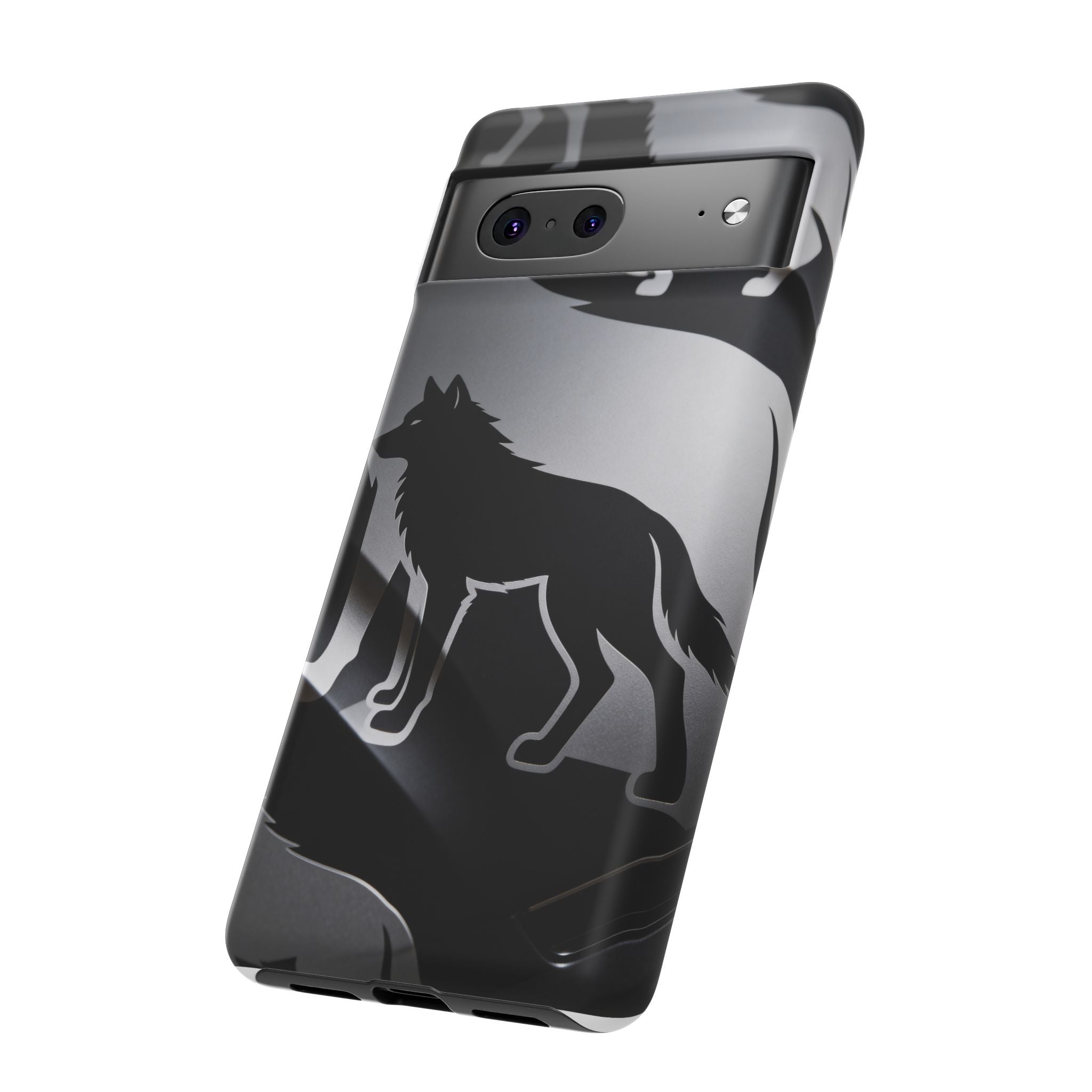 Wolf Silhouette Phone Case — Black & Gray Patterned Protective Case