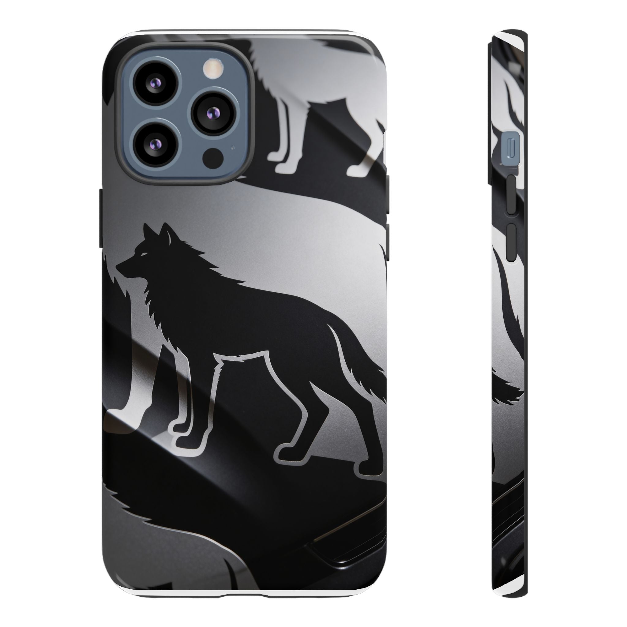 Wolf Silhouette Phone Case — Black & Gray Patterned Protective Case