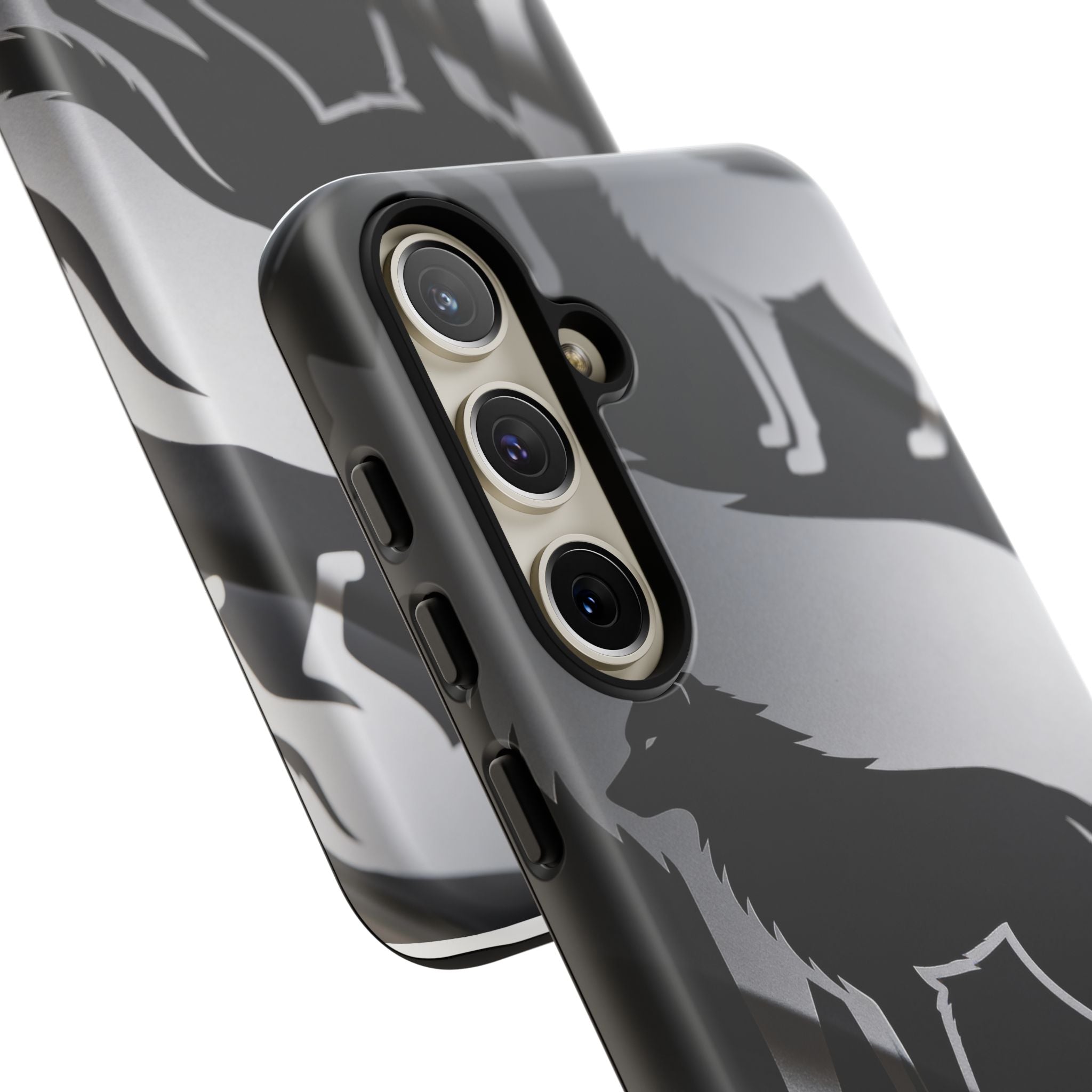 Wolf Silhouette Phone Case — Black & Gray Patterned Protective Case