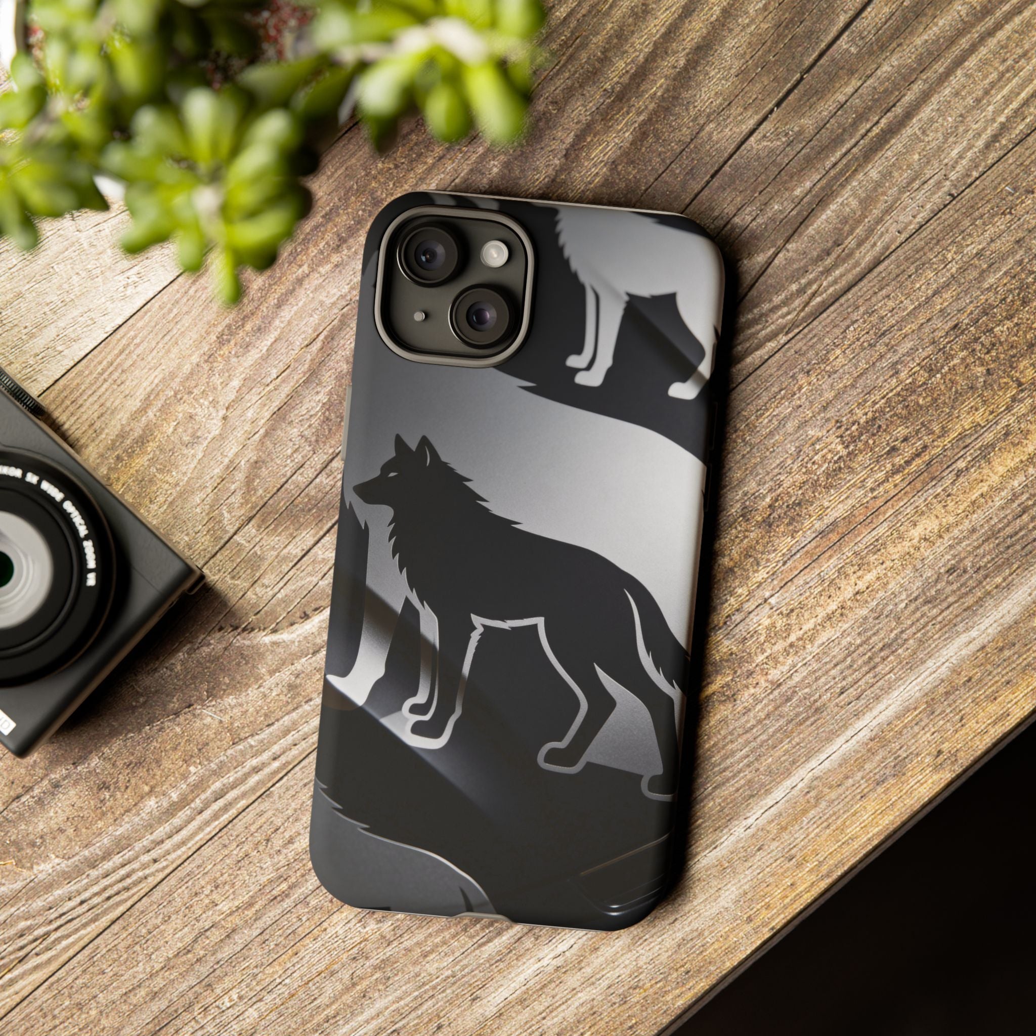 Wolf Silhouette Phone Case — Black & Gray Patterned Protective Case