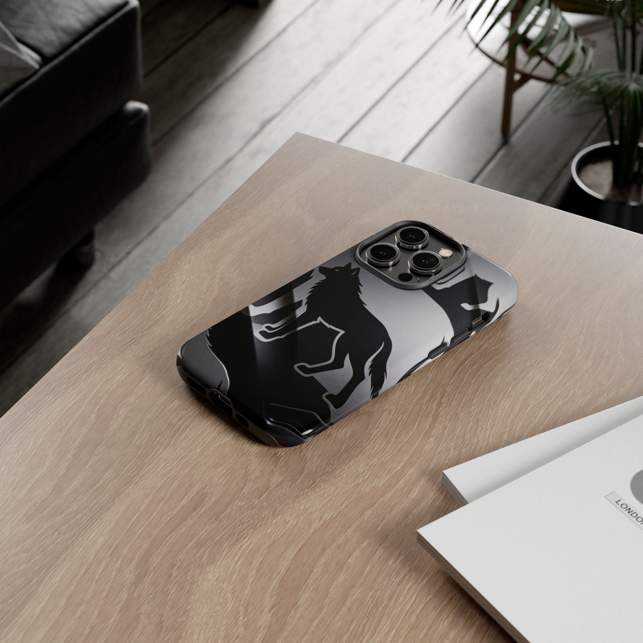 Wolf Silhouette Phone Case — Black & Gray Patterned Protective Case