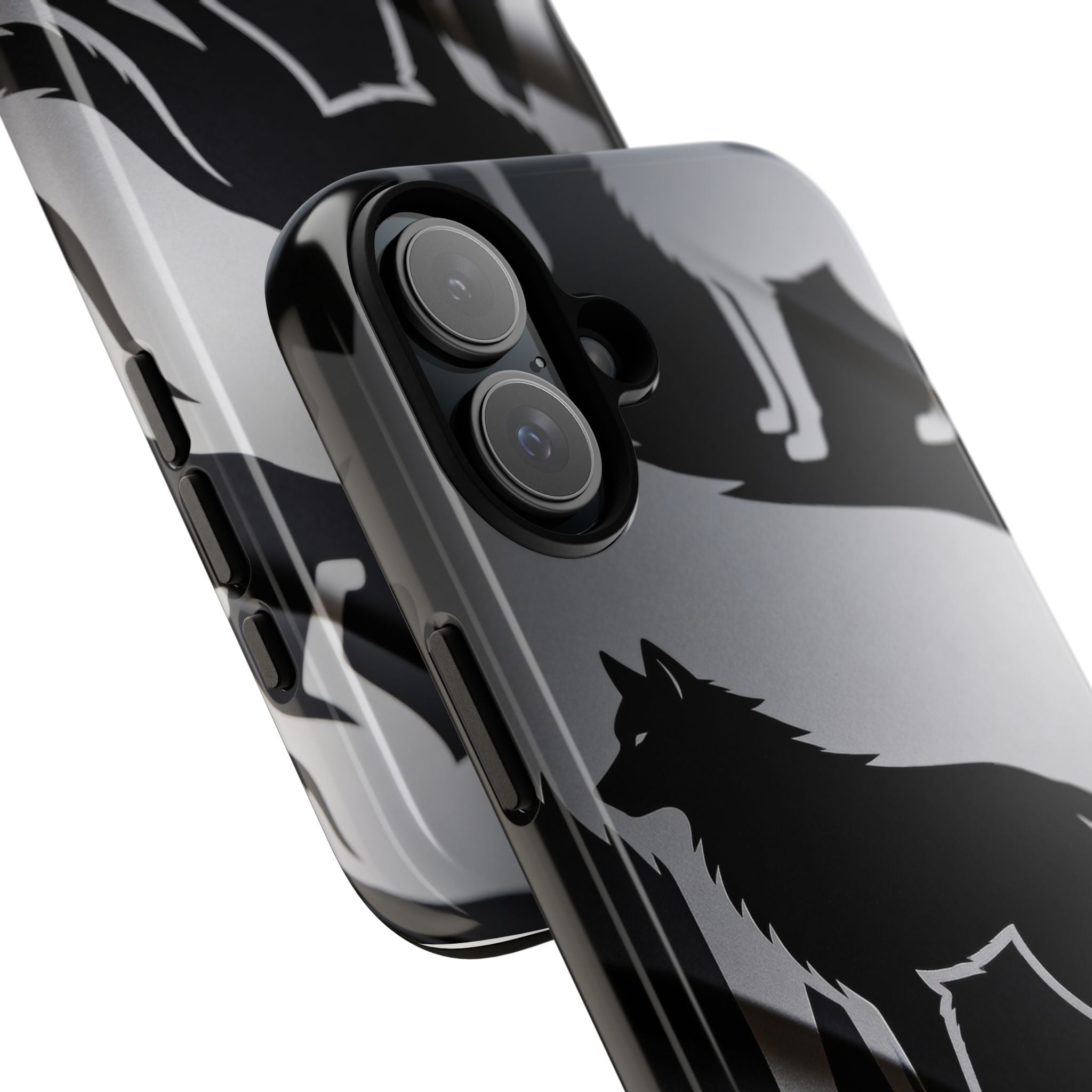 Wolf Silhouette Phone Case — Black & Gray Patterned Protective Case