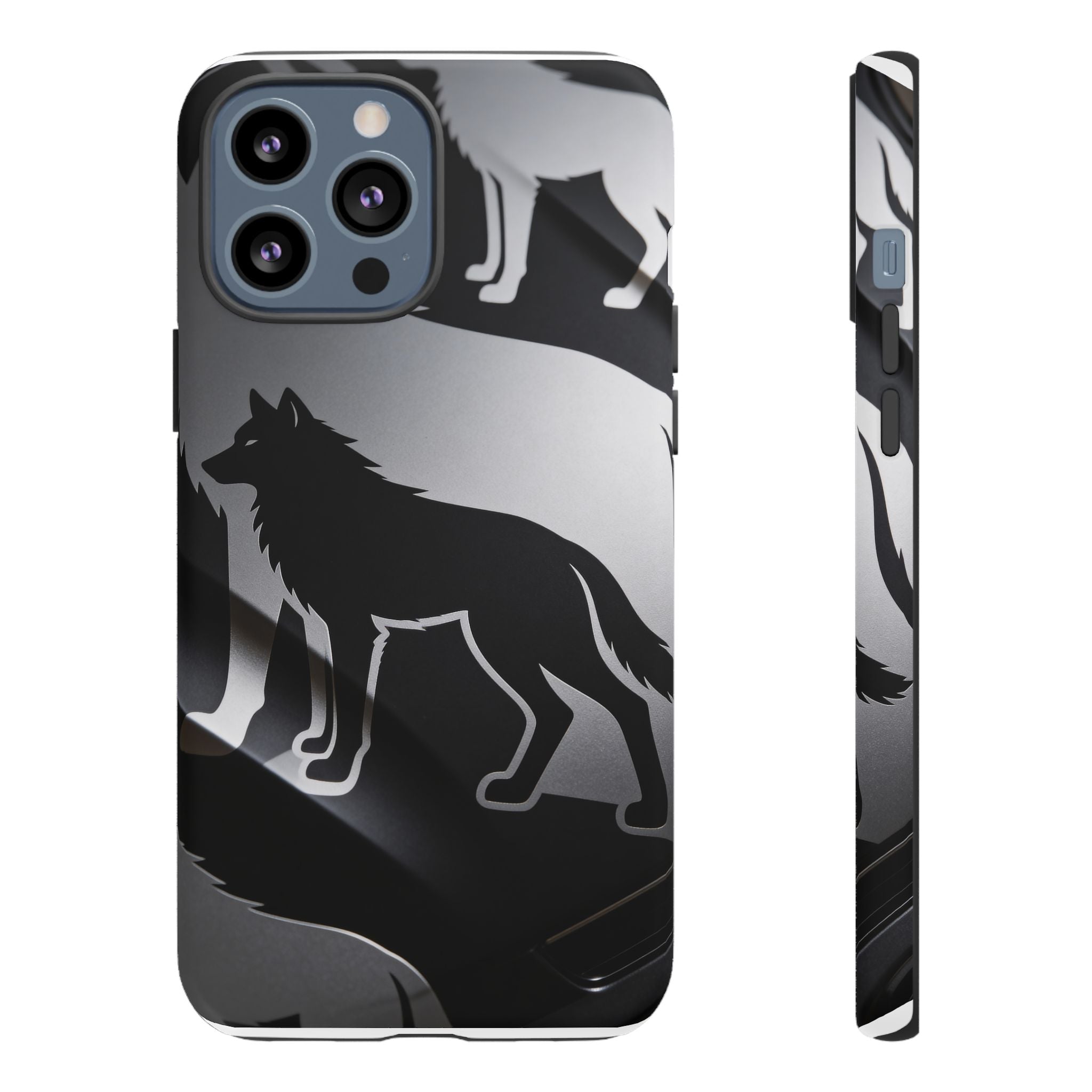 Wolf Silhouette Phone Case — Black & Gray Patterned Protective Case