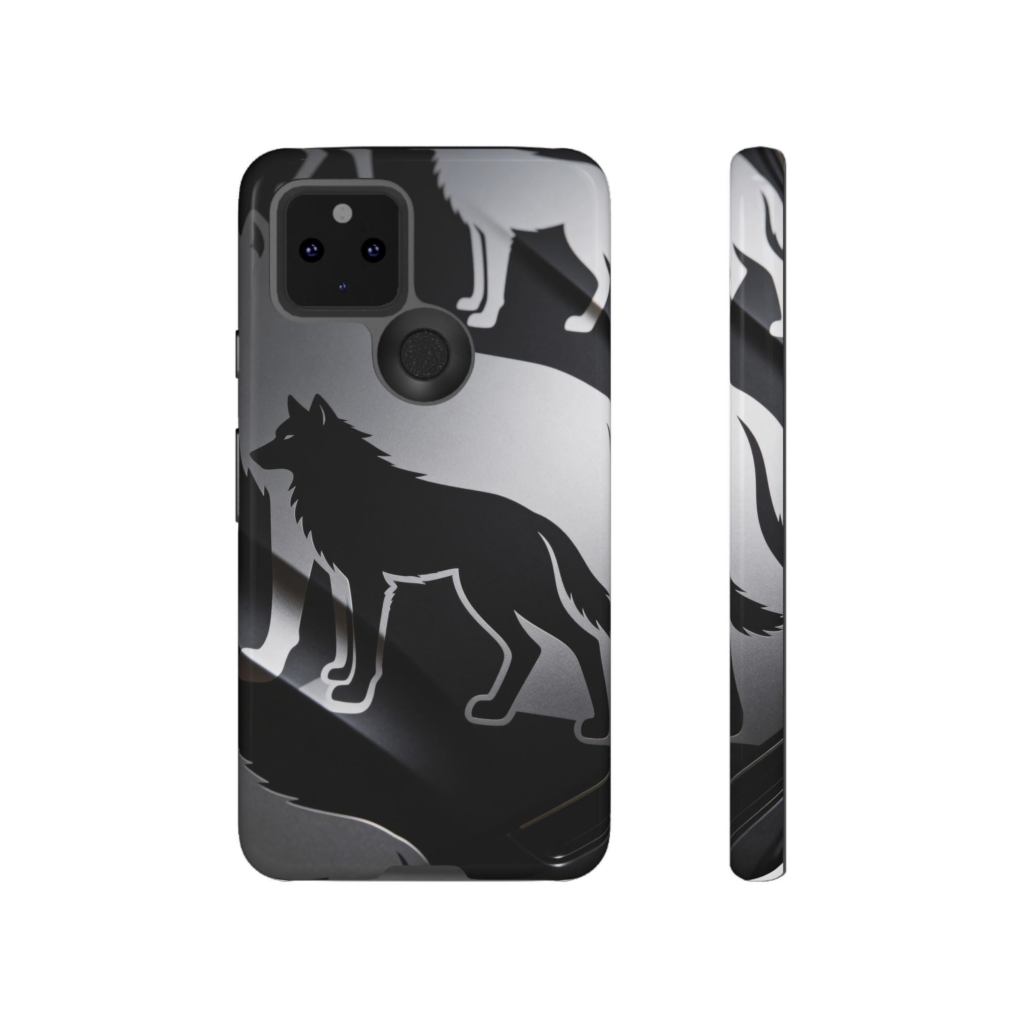 Wolf Silhouette Phone Case — Black & Gray Patterned Protective Case