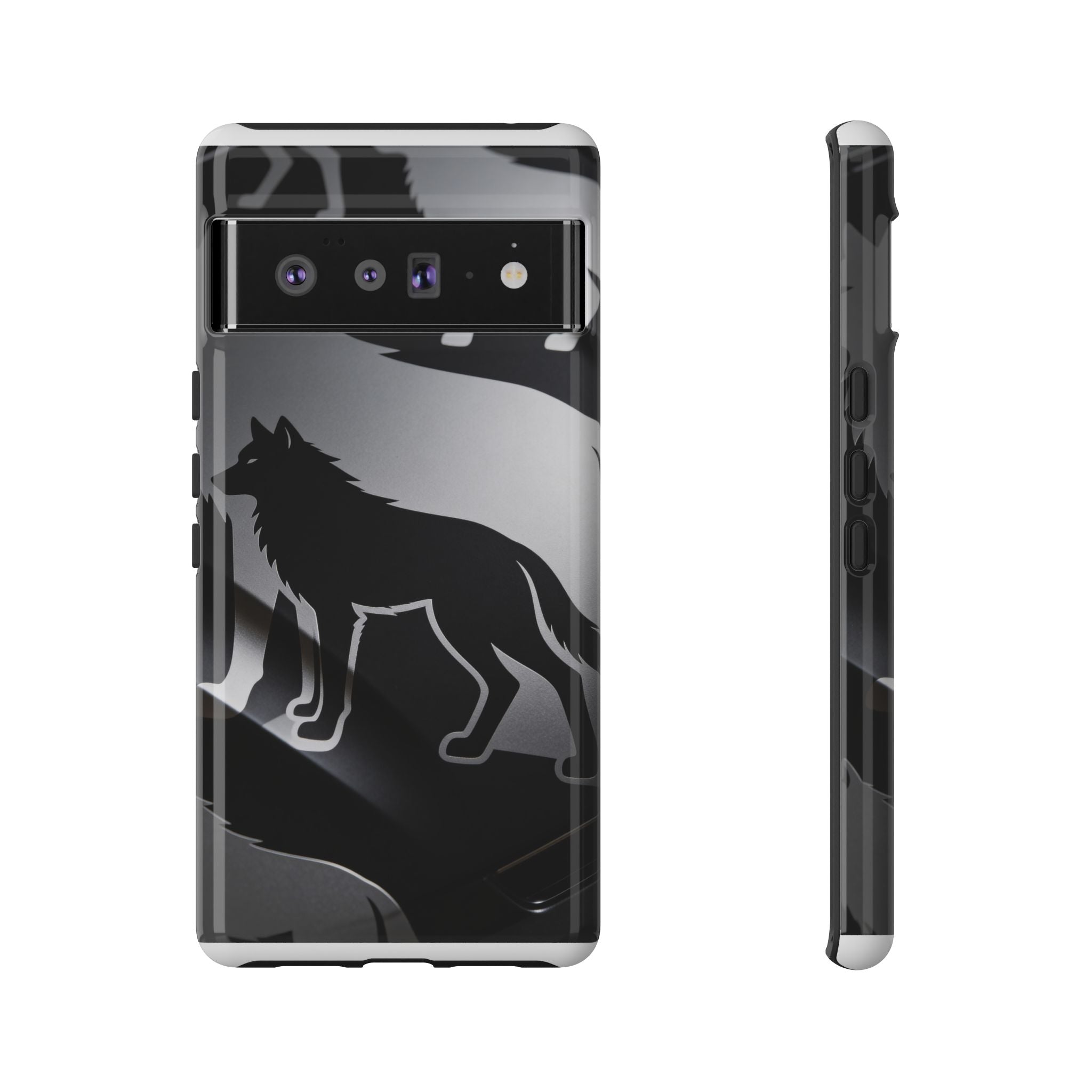 Wolf Silhouette Phone Case — Black & Gray Patterned Protective Case
