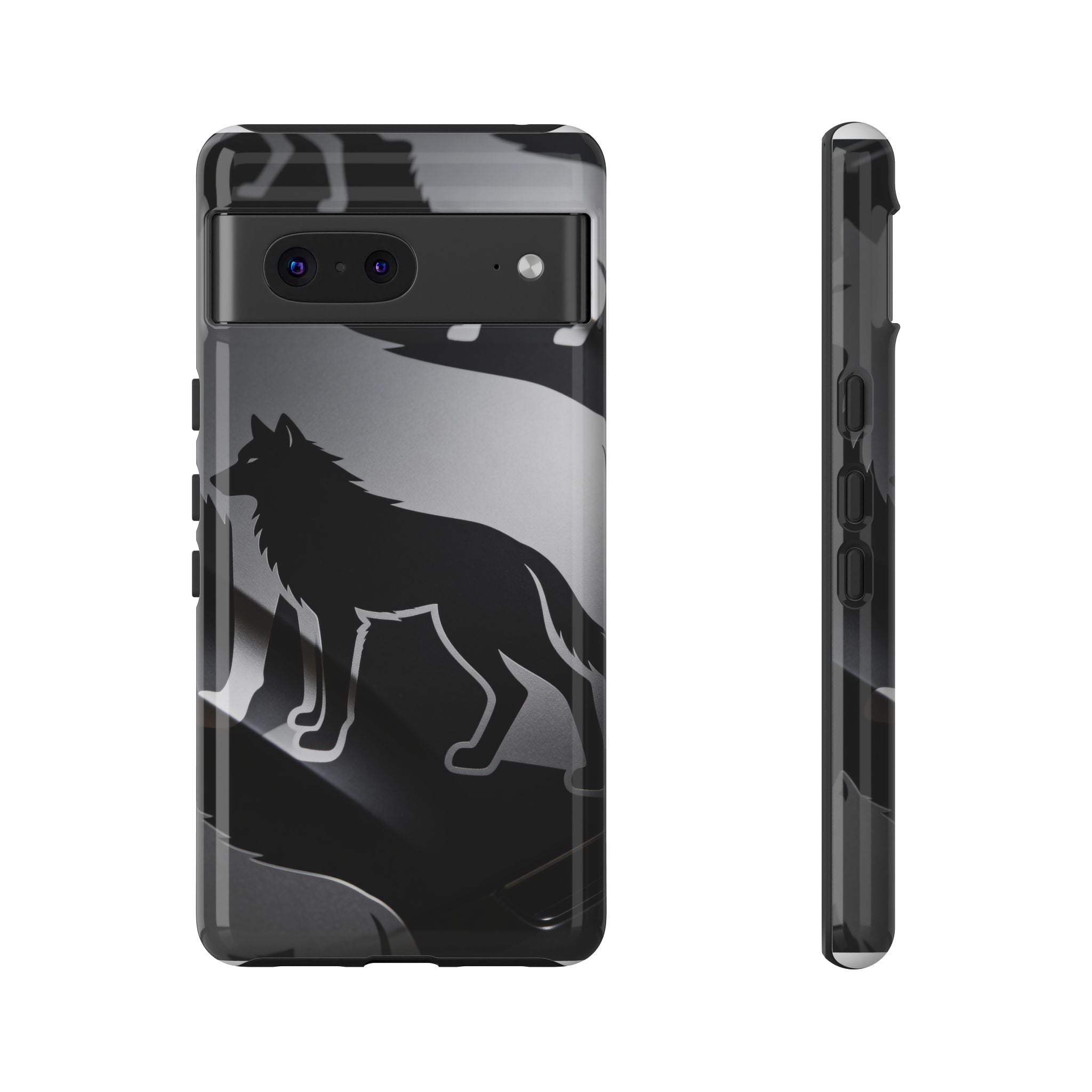 Wolf Silhouette Phone Case — Black & Gray Patterned Protective Case