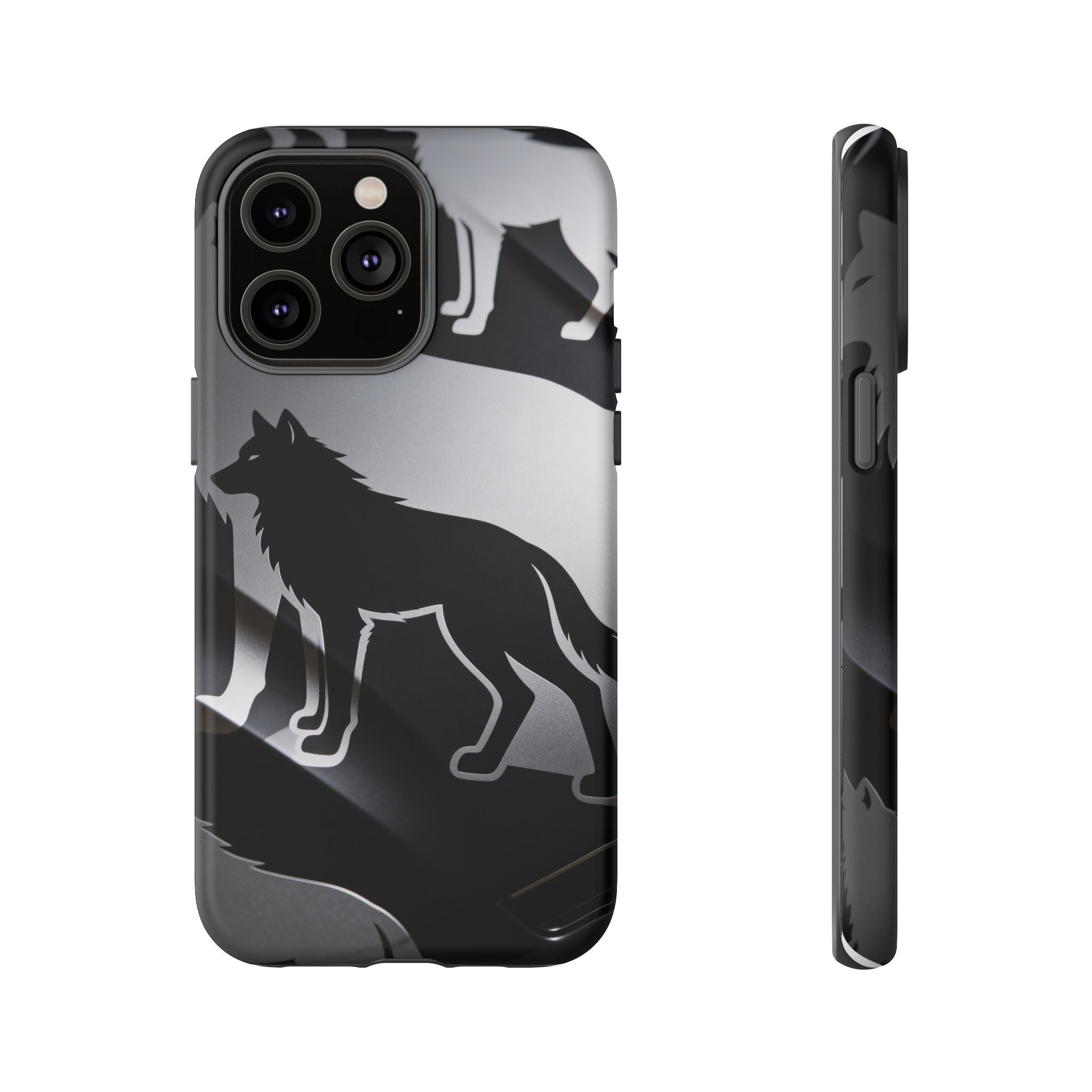 Wolf Silhouette Phone Case — Black & Gray Patterned Protective Case