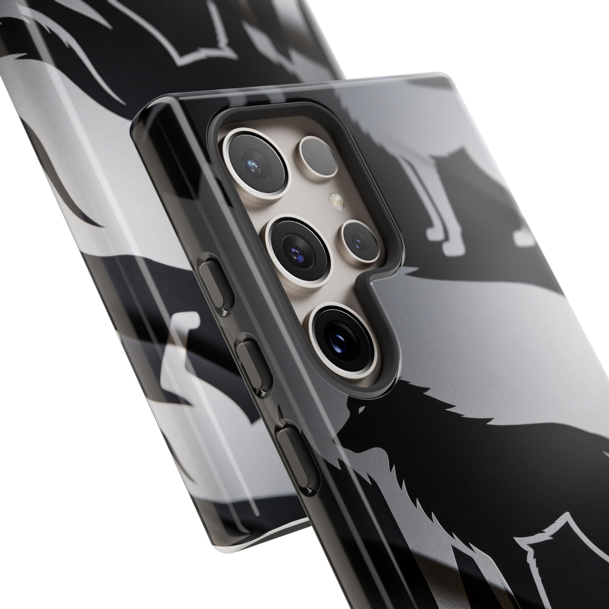 Wolf Silhouette Phone Case — Black & Gray Patterned Protective Case