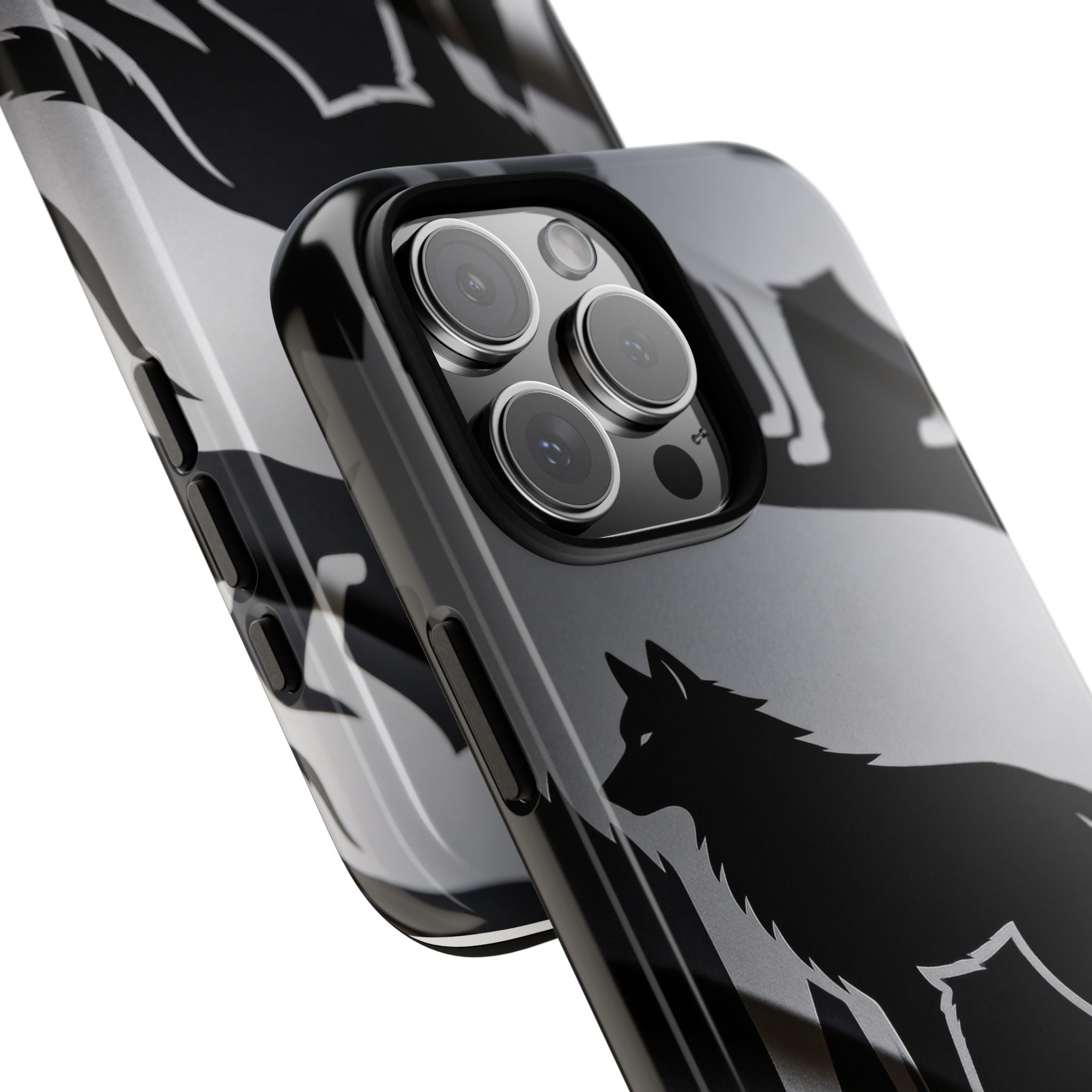Wolf Silhouette Phone Case — Black & Gray Patterned Protective Case