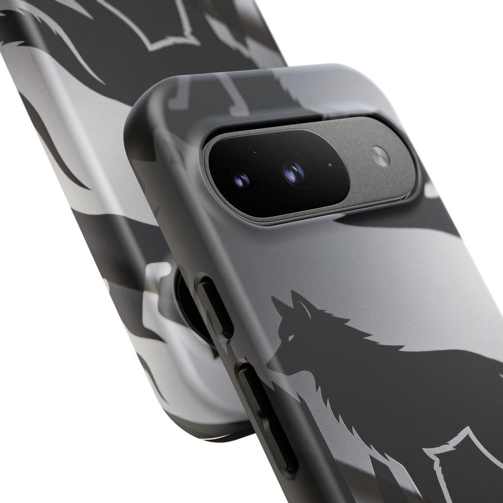 Wolf Silhouette Phone Case — Black & Gray Patterned Protective Case