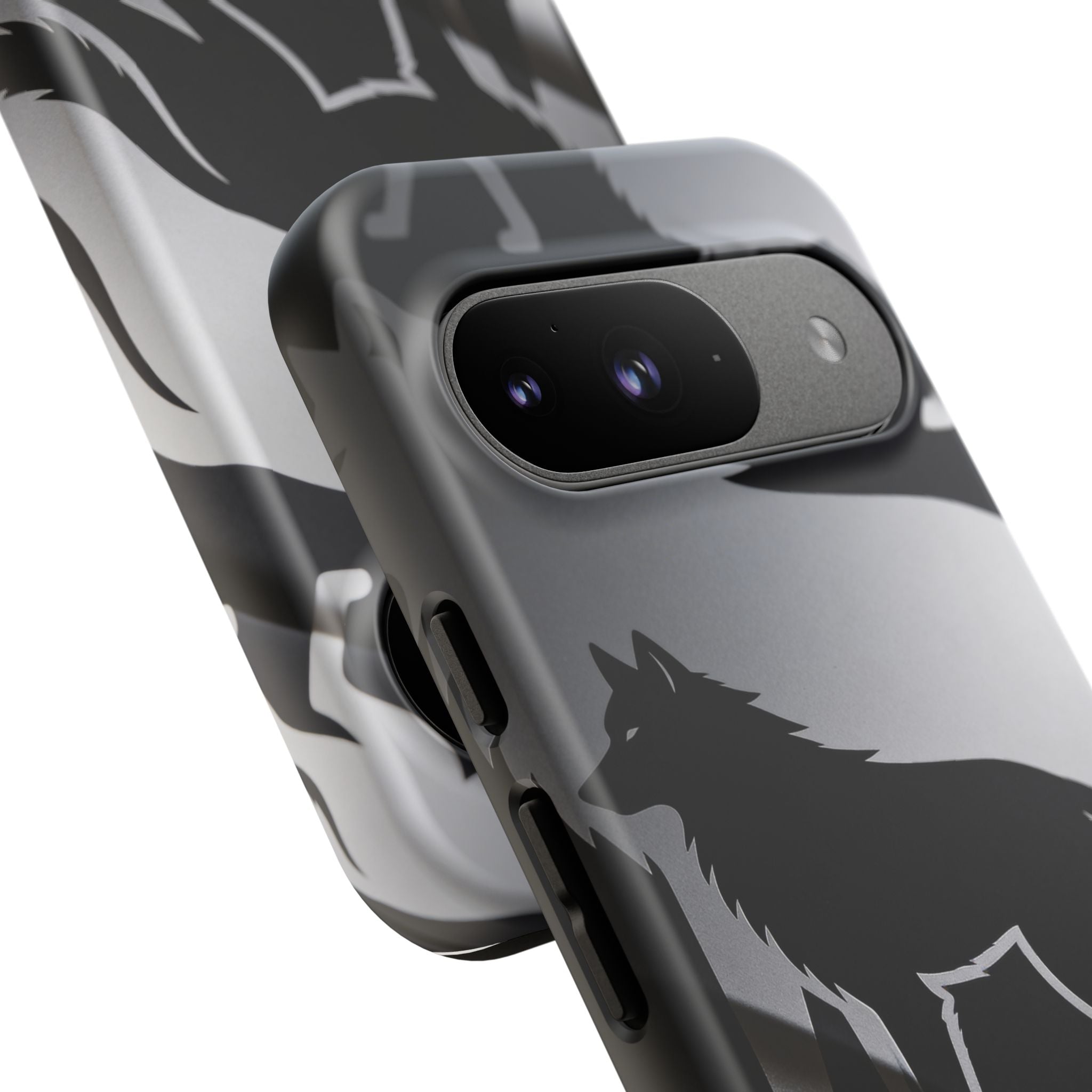 Wolf Silhouette Phone Case — Black & Gray Patterned Protective Case