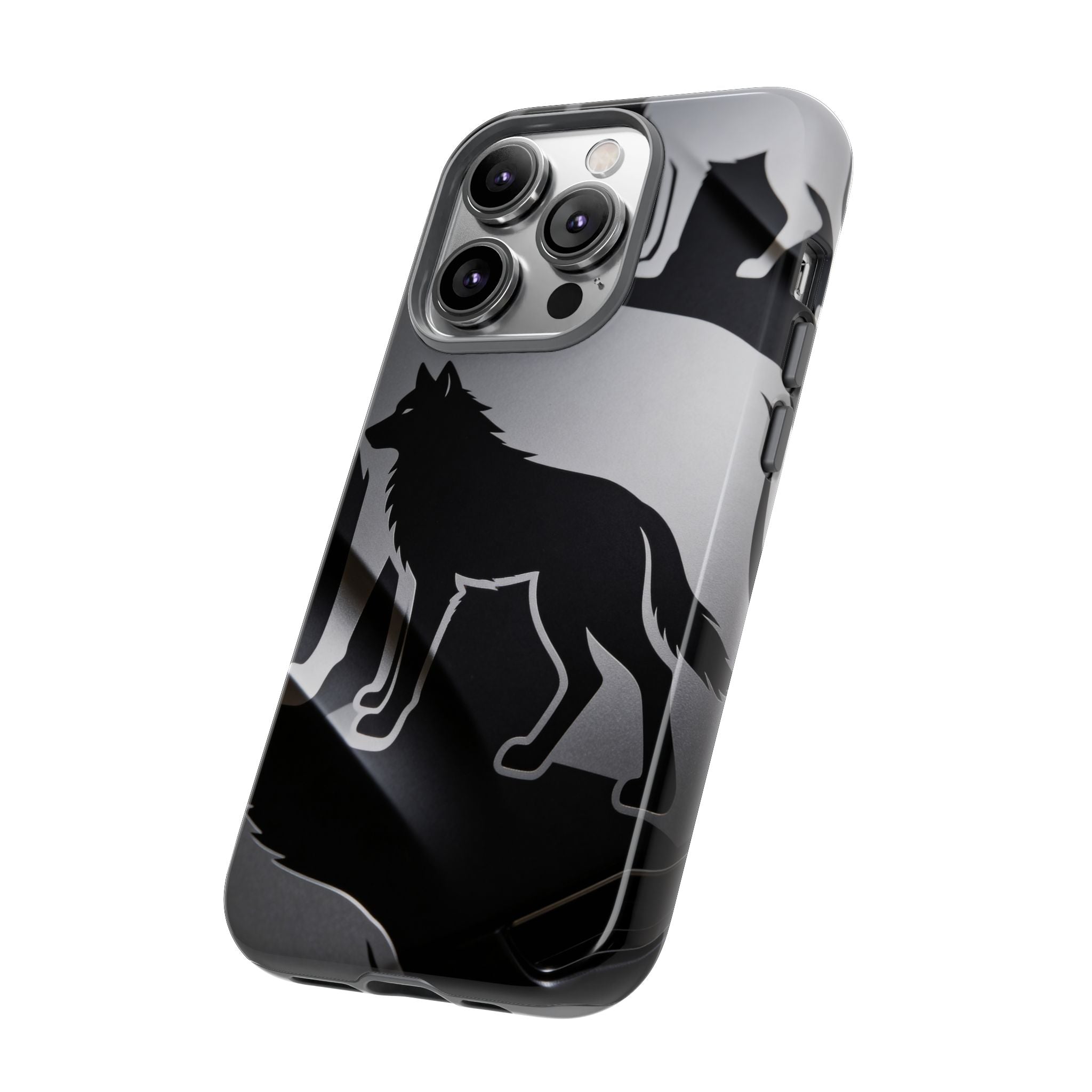 Wolf Silhouette Phone Case — Black & Gray Patterned Protective Case